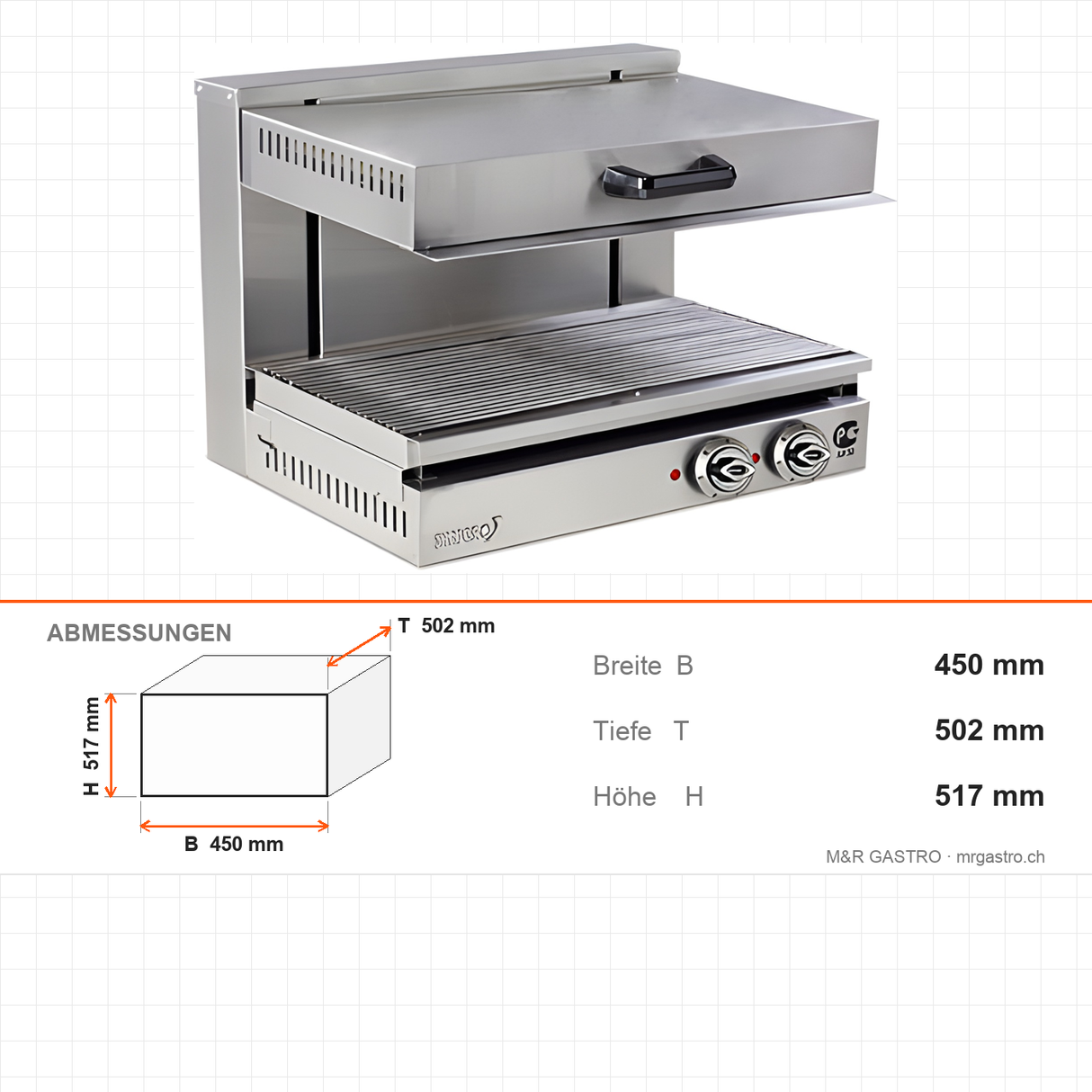 Elektro-Salamander 3,4 kW, höhenverstellbar, Thermostat, 450×502×517 mm, Edelstahl – Abmessungen