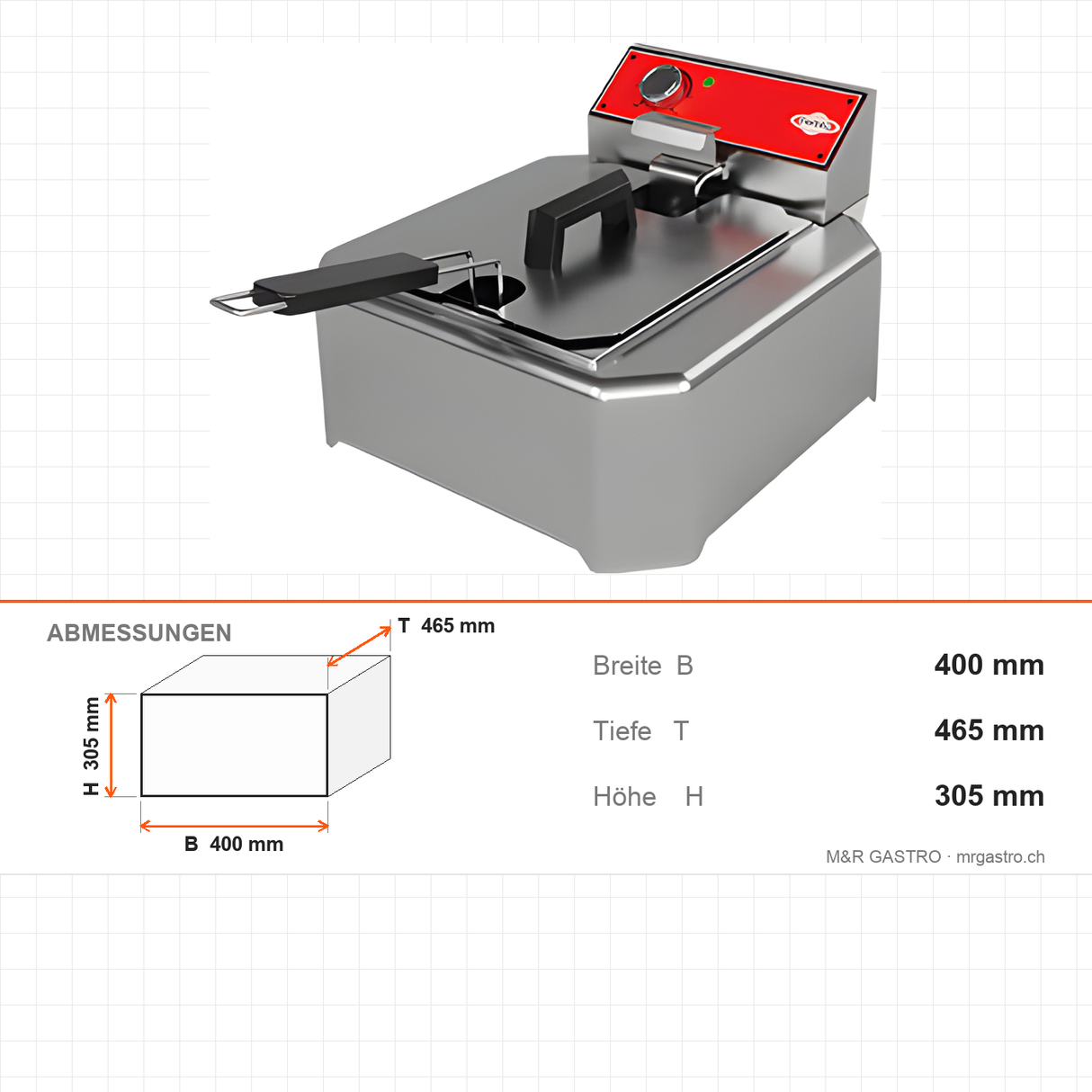 Mini Elektro Fritteuse, 5 Liter, 3 kW, GN 1/2, 400×465×305 mm – Abmessungen