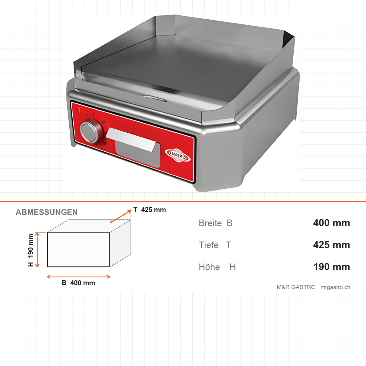 Elektro Grillplatte, glatte Platte, 2,5 kW, Edelstahl, Thermostat 50–300 °C, Ölauffangbehälter, Tischgerät, 400×425×190 mm – Abmessungen