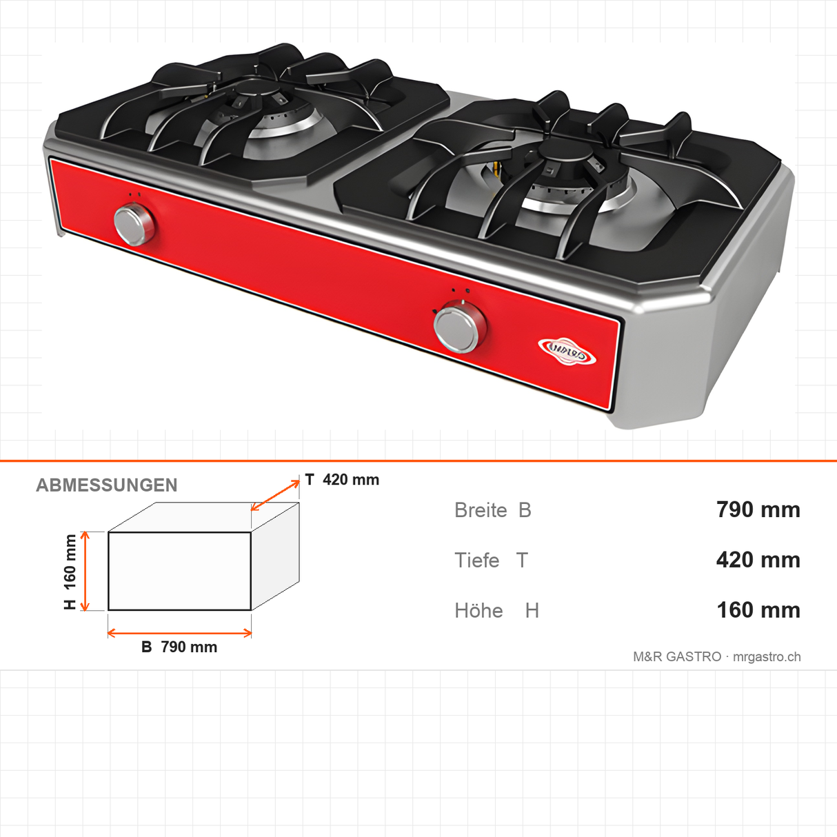 Gaskocher, 2 Brenner, 7 kW, Erdgas/Flüssiggas, Edelstahl, 790×420×160 mm – Abmessungen