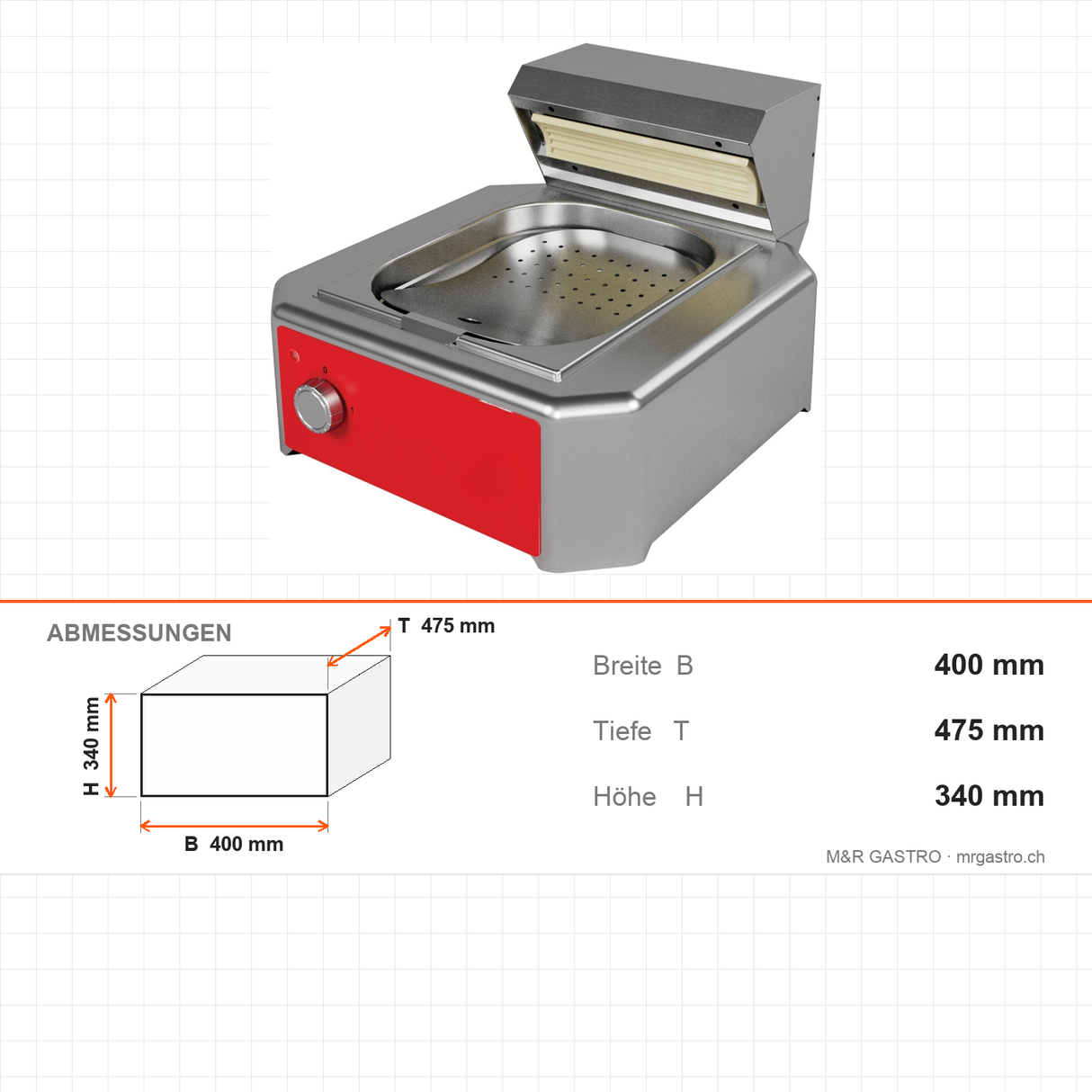 Pommes-Wärmer, GN 1/2, 4,5 kW, Keramik-Infrarot, Edelstahl, 400×475×340 mm – Abmessungen