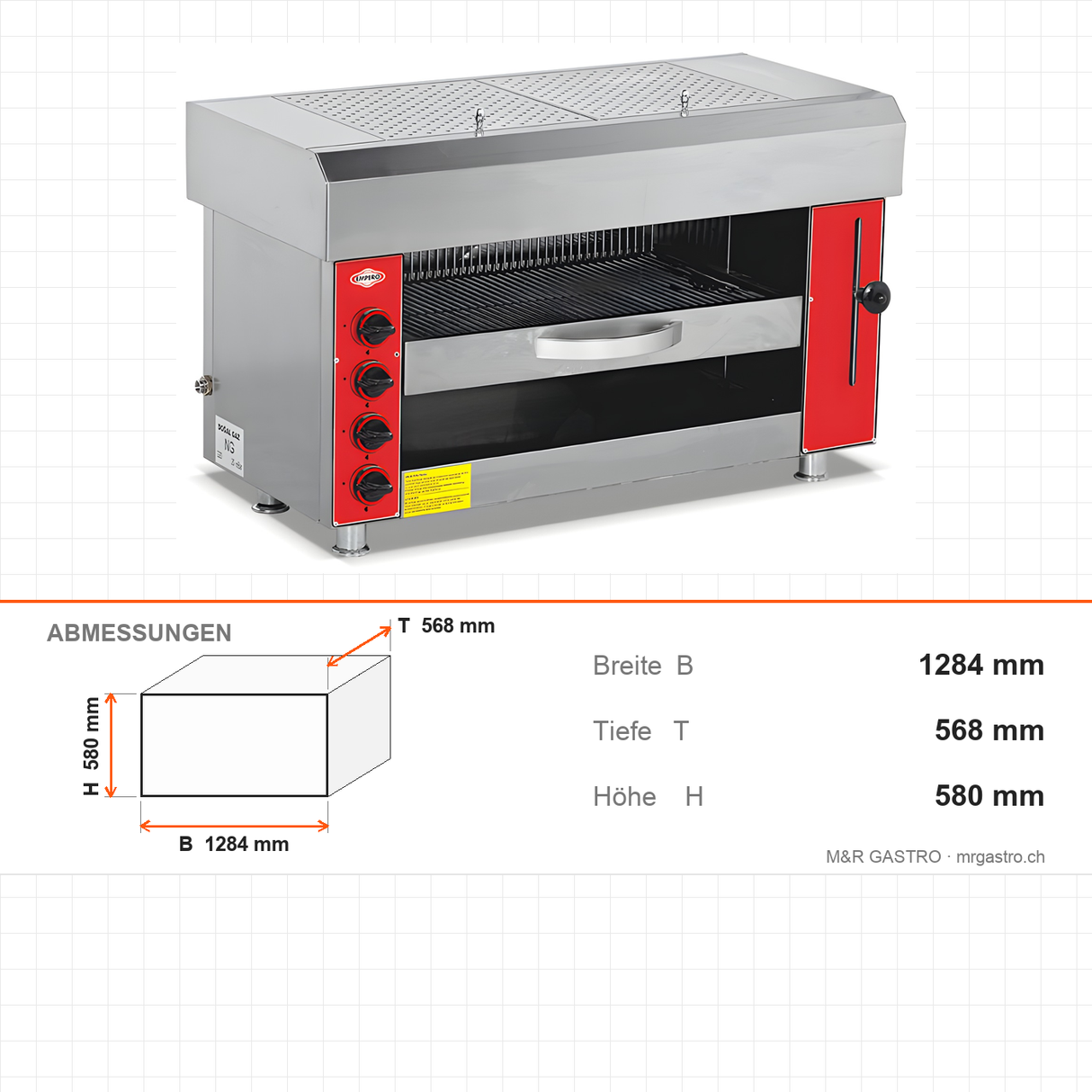 Gas-Salamander 21 kW, 5 Brenner, höhenverstellbar, 1284×568×580 mm, Edelstahl – Abmessungen