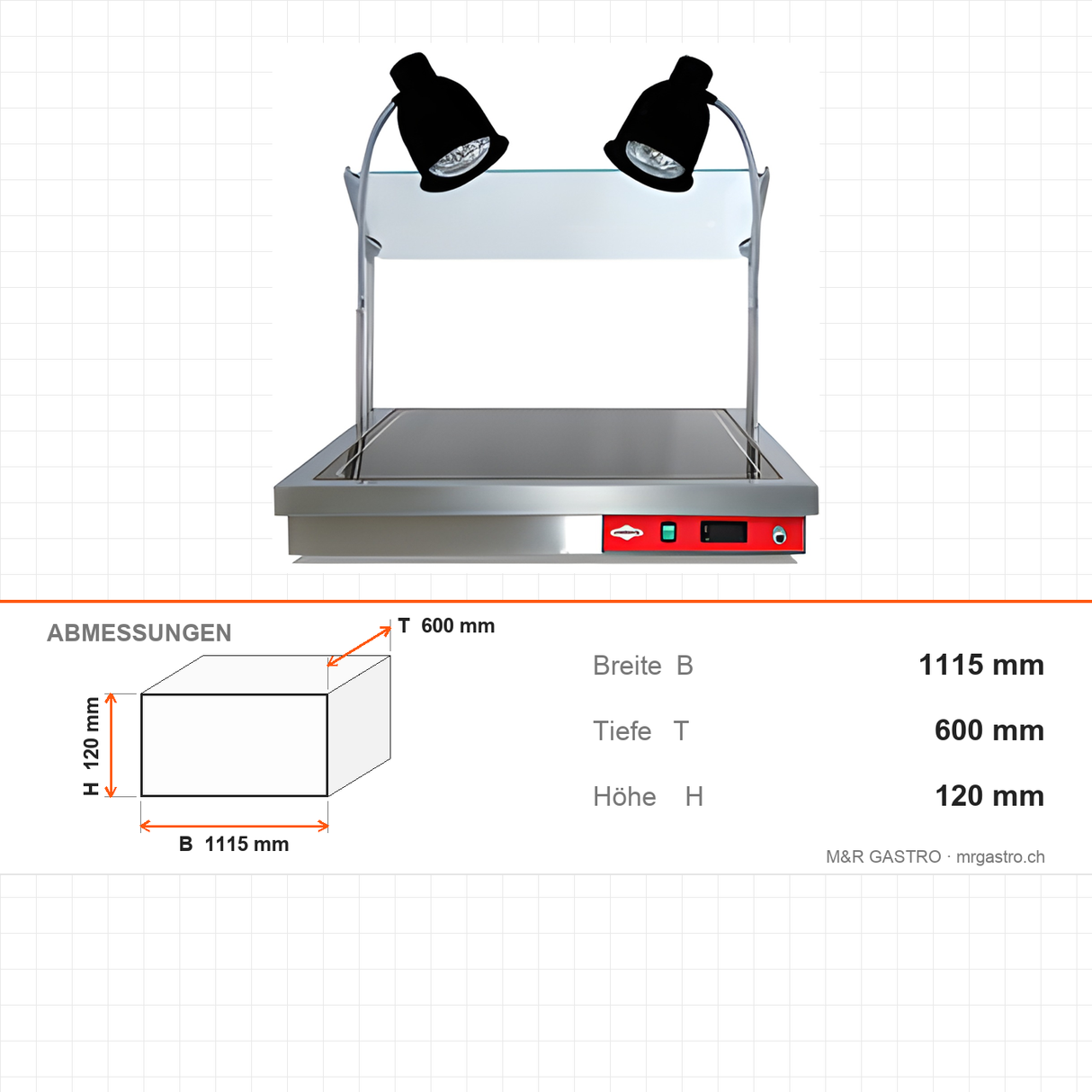 Warmhaltevitrine, 3x GN 1/1, 1,8 kW, Digitalsteuerung, Edelstahl, 1115×600×120 mm – Abmessungen