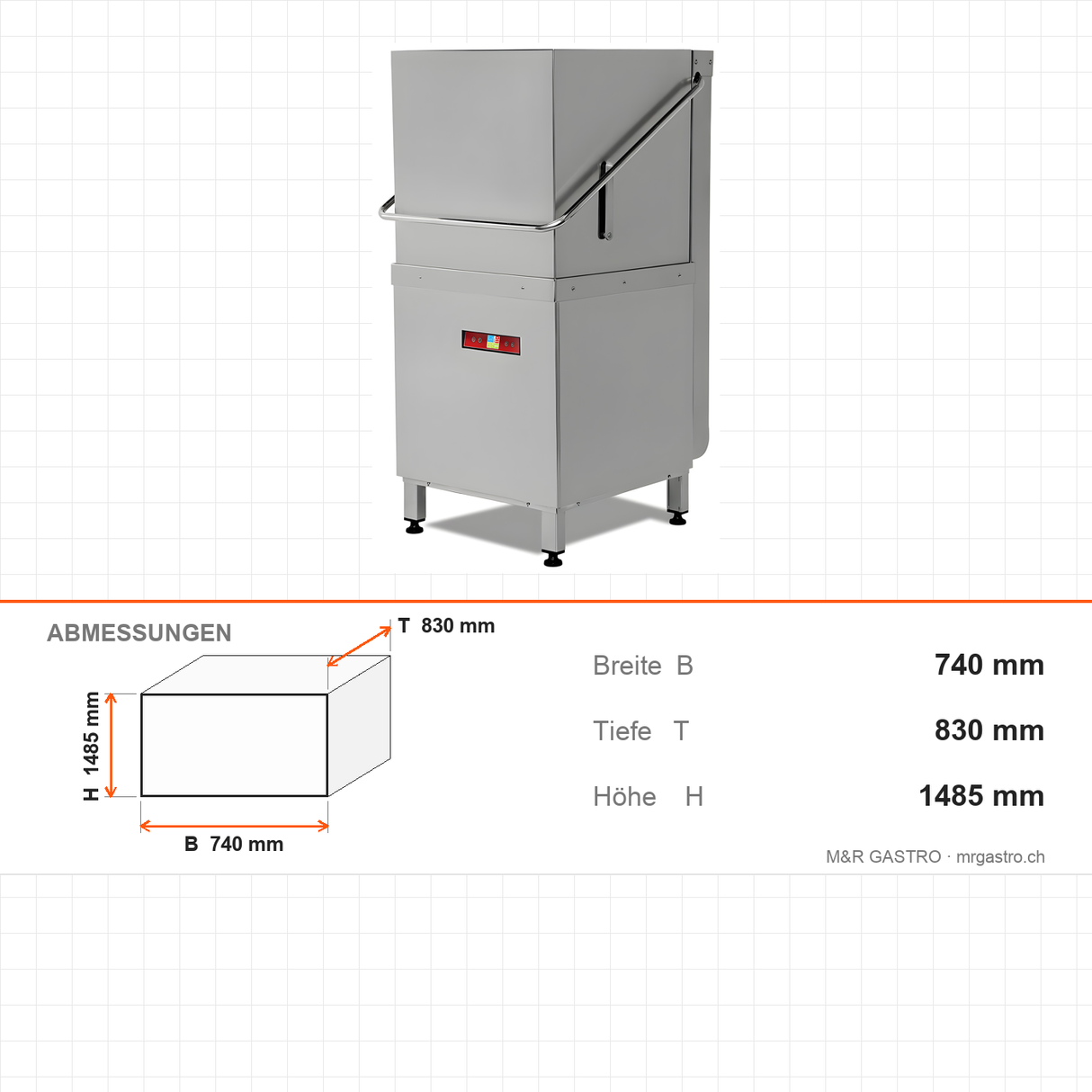 Haubenspülmaschine, doppelwandig, 1000 Teller/Stunde, 4 Programme, Korb 500×500 mm, 9 kW, 740×830×1485 mm – Abmessungen