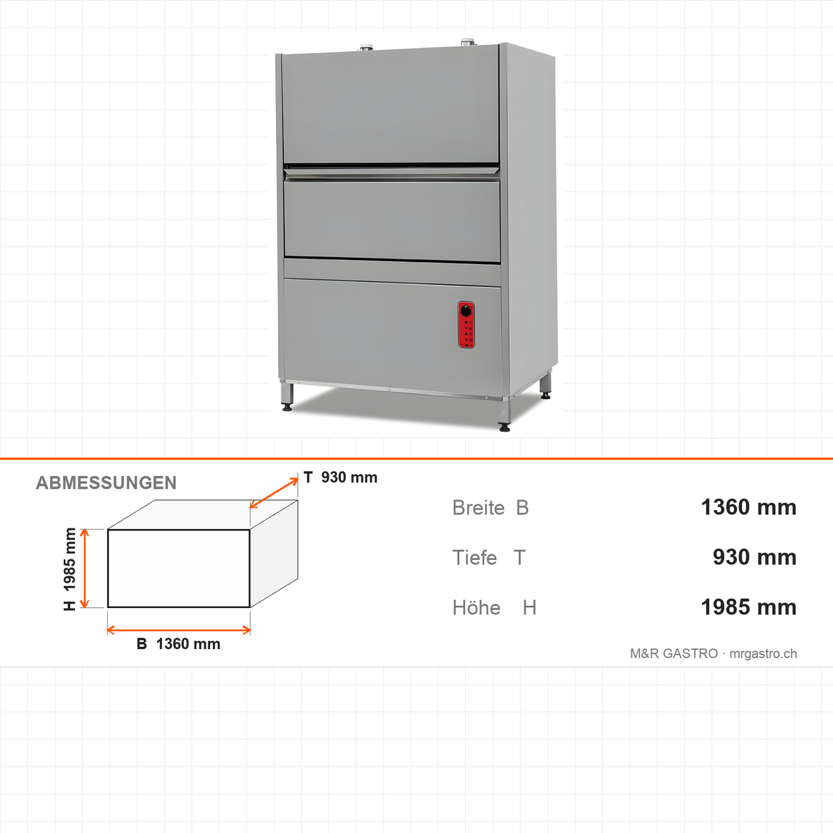 Topfspülmaschine, 30 Körbe/Stunde, 130 L Tank, 3 Programme, 35 kW, 1360×930×1985 mm – Abmessungen