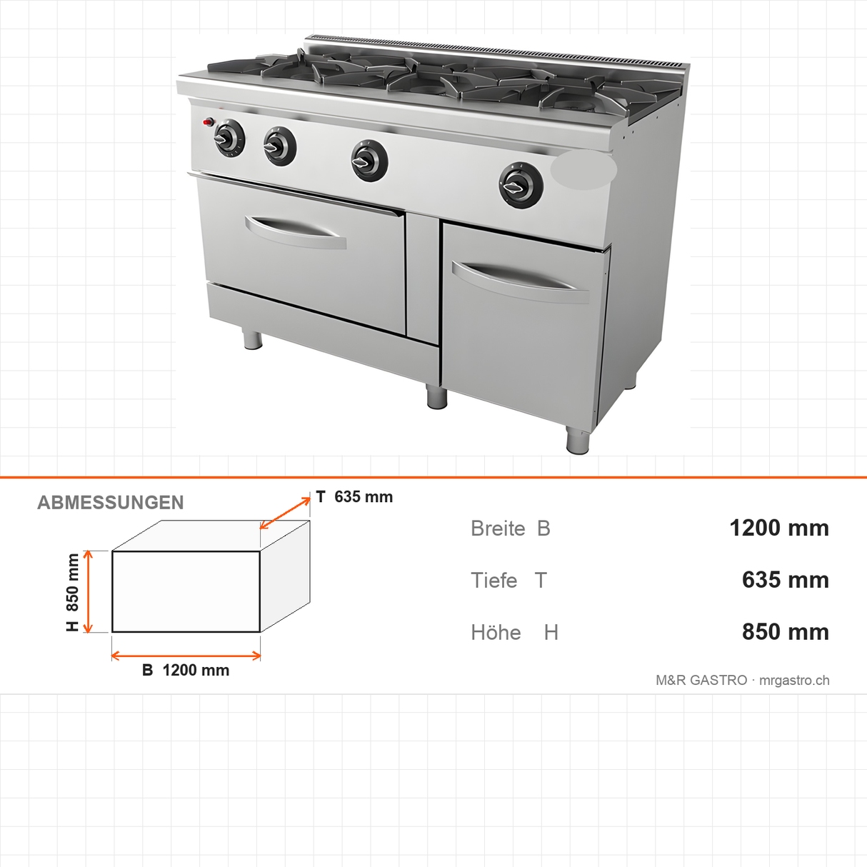 Gasherd 3-flammig mit Backofen, 36,5 kW, 2x GN 2/1, 1200×635×850 mm, Edelstahl, Snack-Line – Abmessungen