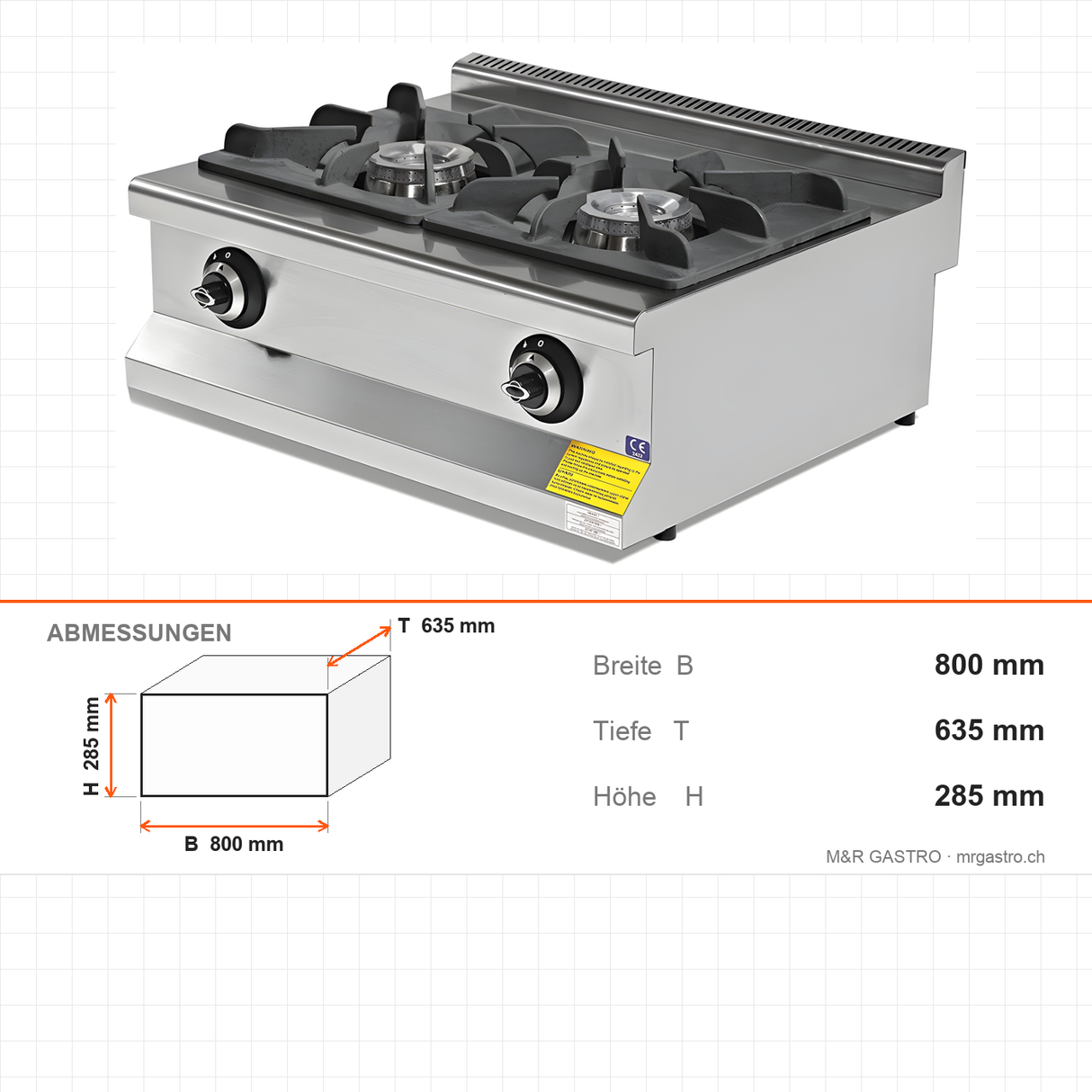 Gasherd 2 Brenner, 17,3 kW, Doppelringbrenner, 800×635×285 mm, Edelstahl, Snack-Line – Abmessungen