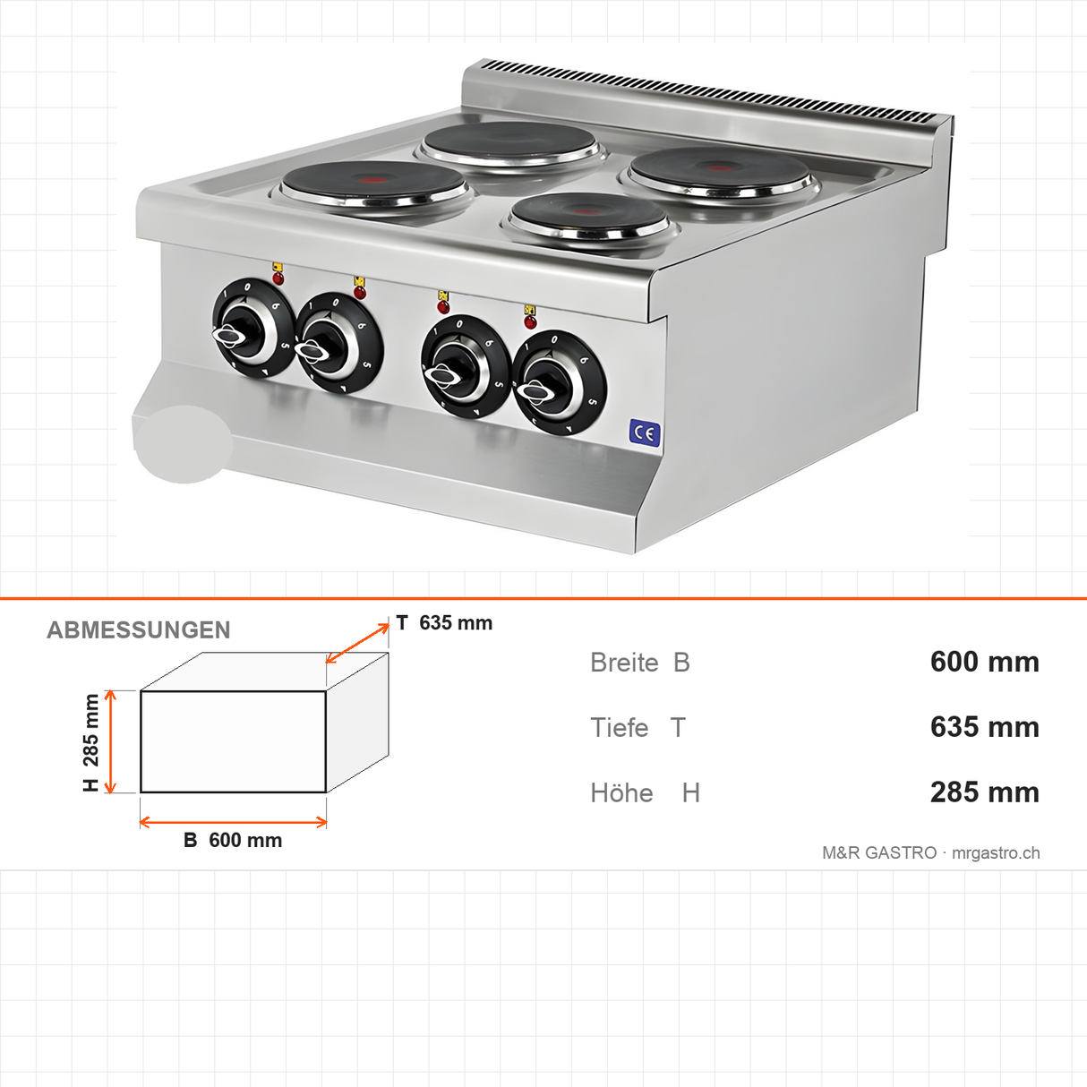 Elektroherd 4 Kochplatten, 7 kW, 400V, 600×635×285 mm, Edelstahl, Snack-Line – Abmessungen