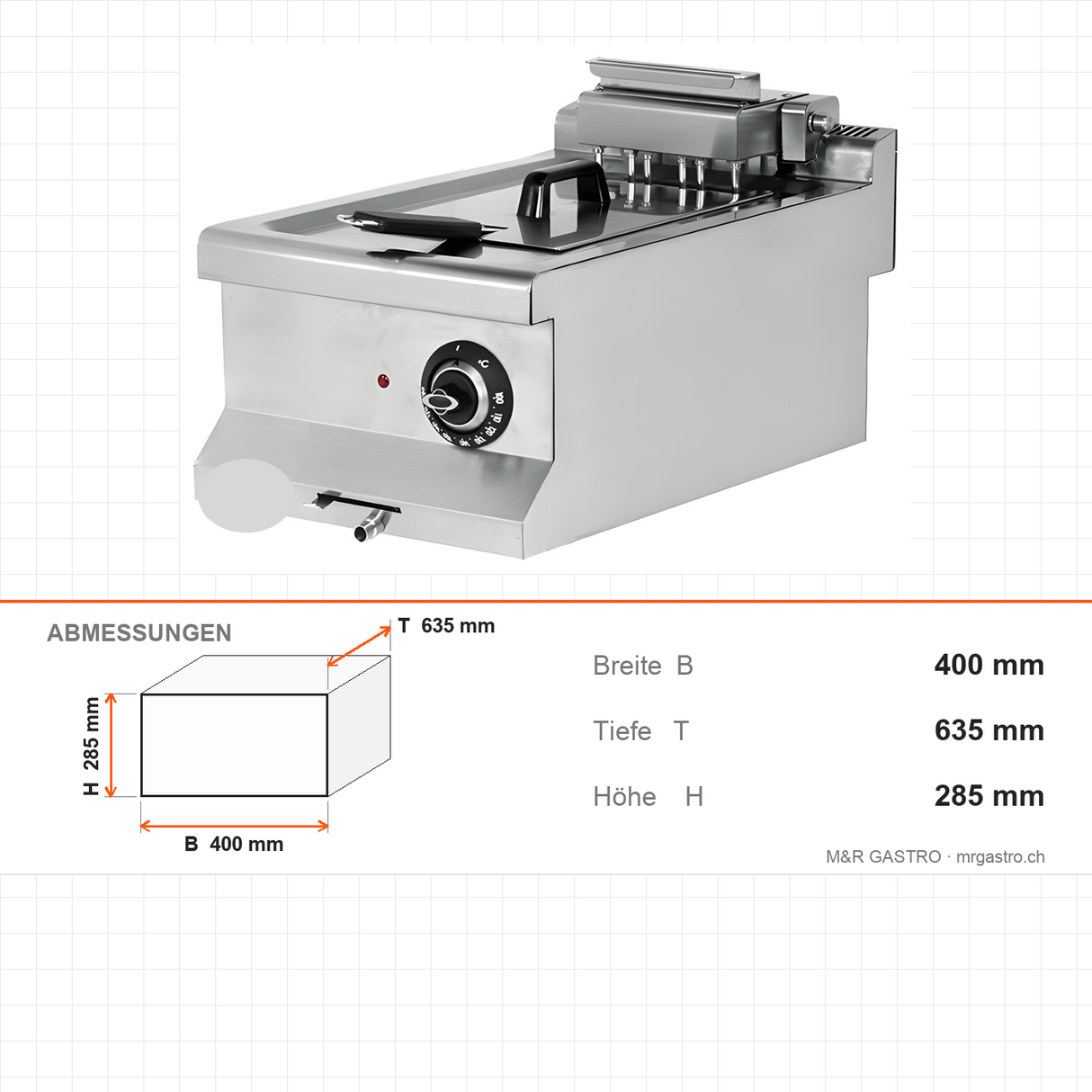 Elektro-Fritteuse, 10 Liter, 7,2 kW, 400V, 400×635×285 mm, Edelstahl, Snack-Line – Abmessungen