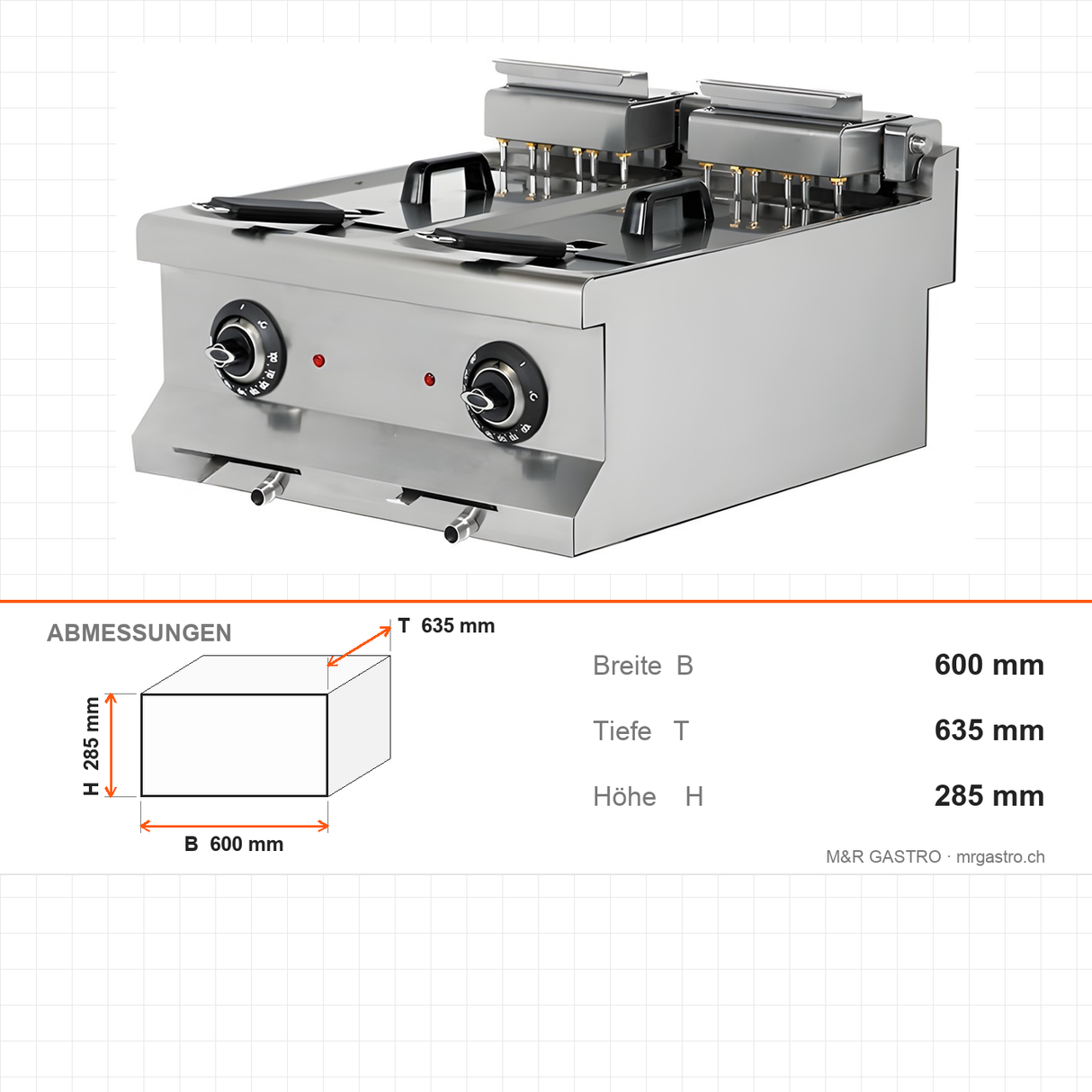 Elektro-Fritteuse, 2x 10 Liter, 14,4 kW, 400V, 600×635×285 mm, Edelstahl, Snack-Line – Abmessungen