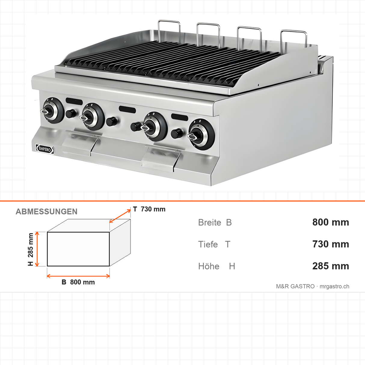 Gas-Grillplatte Gusseisen, 10,4 kW, 2 Heizzonen, 800×730×285 mm, Edelstahl, Snack-Line – Abmessungen