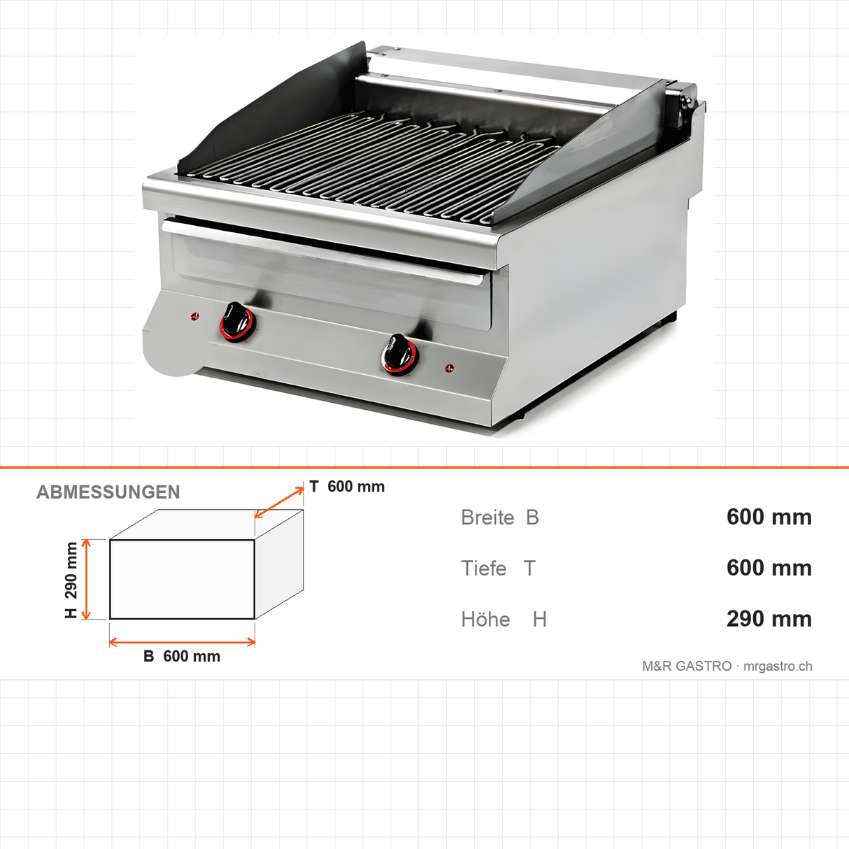 Elektro-Dämpfer, 6,25 kW, 400V, 600×600×290 mm, Edelstahl, Snack-Line – Abmessungen