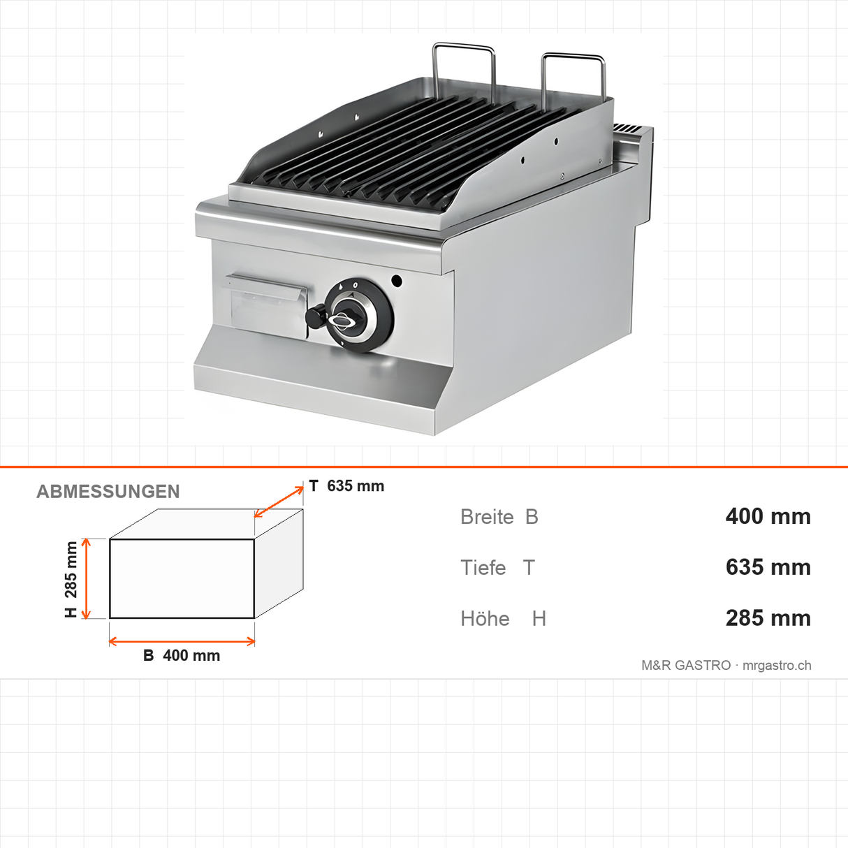 Gas-Lavasteingrill, 6,46 kW, 2 Heizzonen, 400×635×285 mm, Edelstahl, Snack-Line – Abmessungen