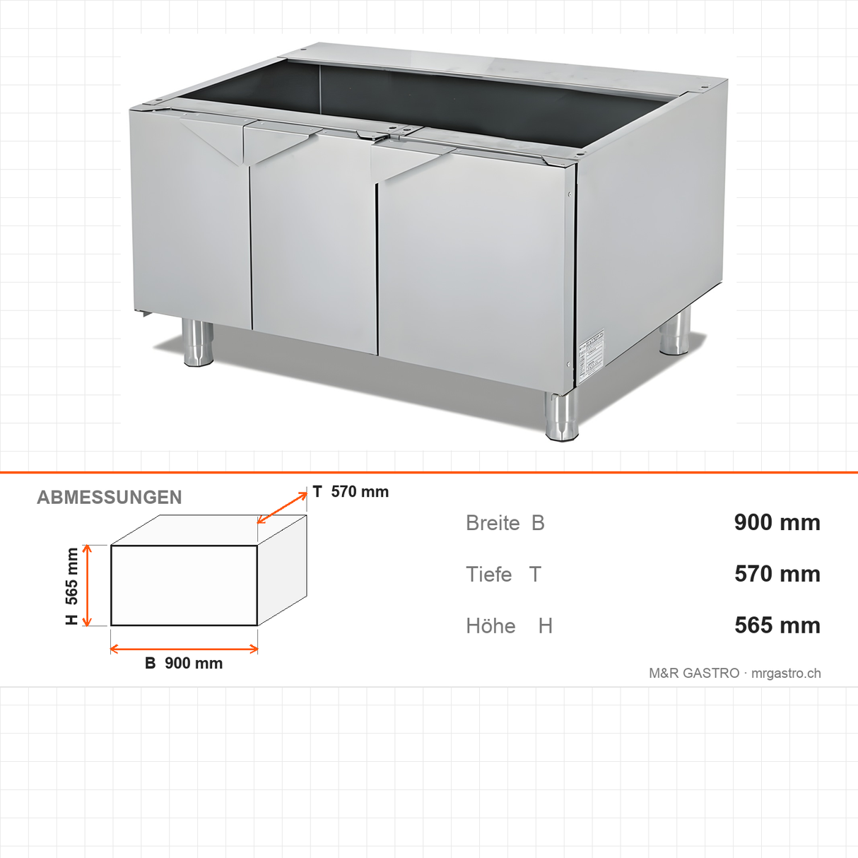 Unterschrank 3-türig, 900×570×565 mm, Edelstahl, Snack-Line – Abmessungen