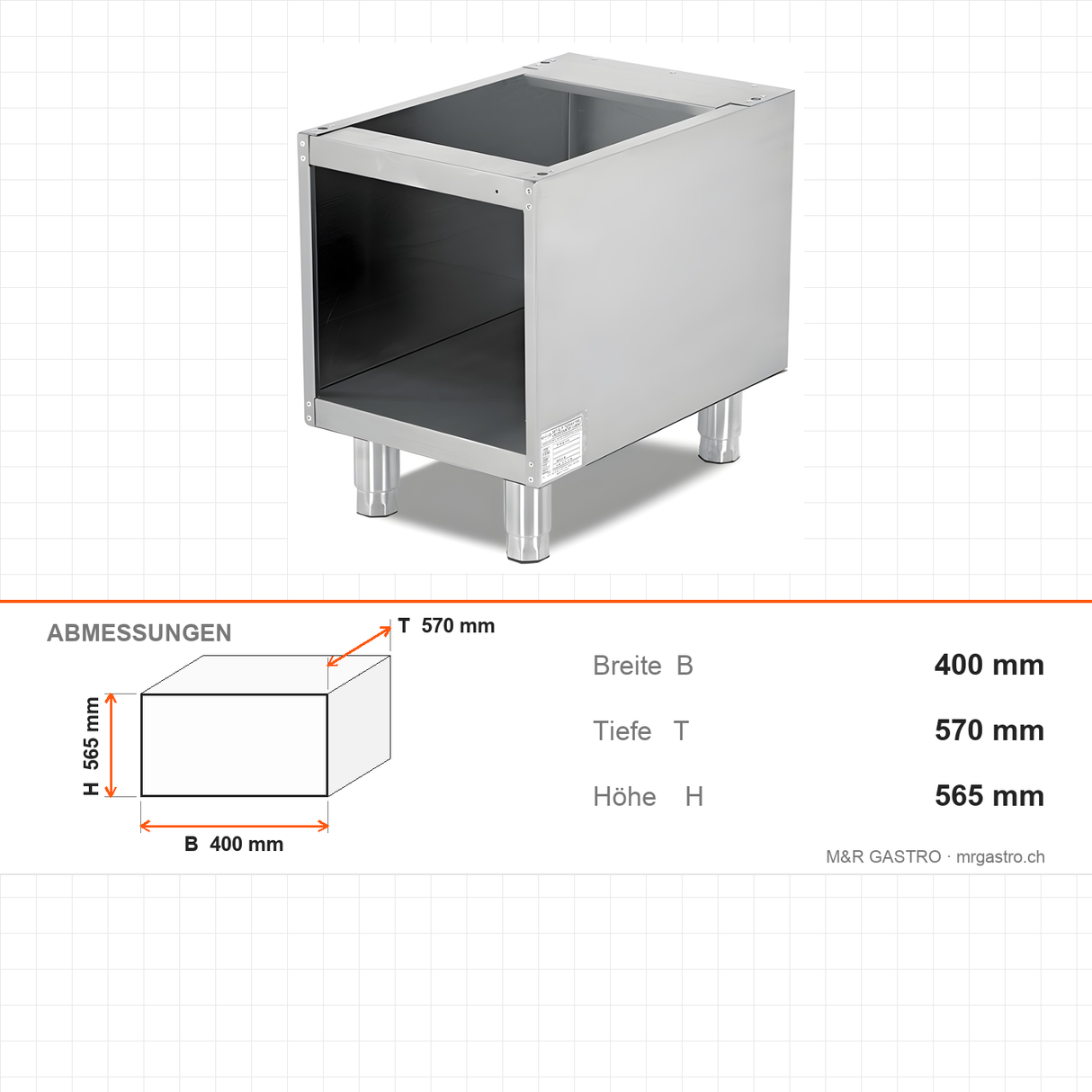 Unterschrank offen, ohne Tür, 400×570×565 mm, Edelstahl, Snack-Line – Abmessungen