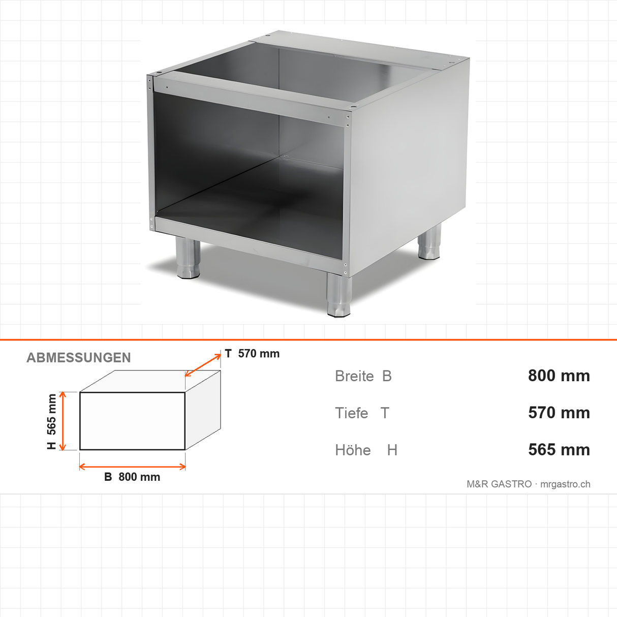 Unterschrank offen, ohne Tür, 800×570×565 mm, Edelstahl, Snack-Line – Abmessungen