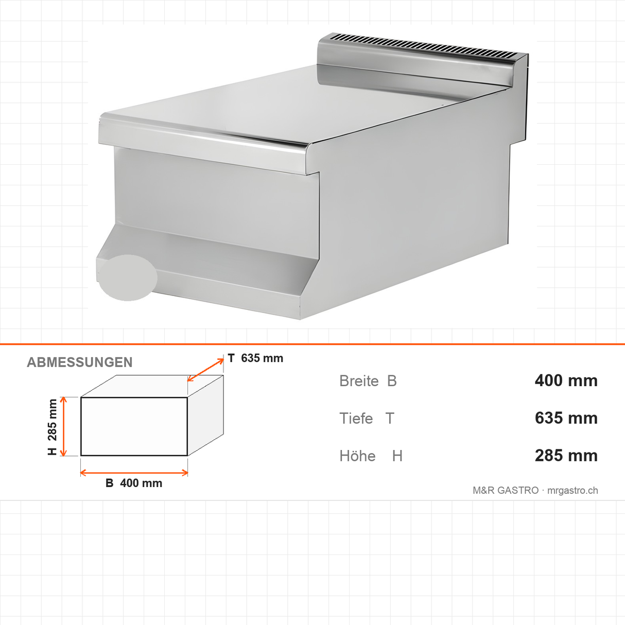 Arbeitsplatte, 1/2 Modul, 400×635×285 mm, Edelstahl, Snack-Line – Abmessungen