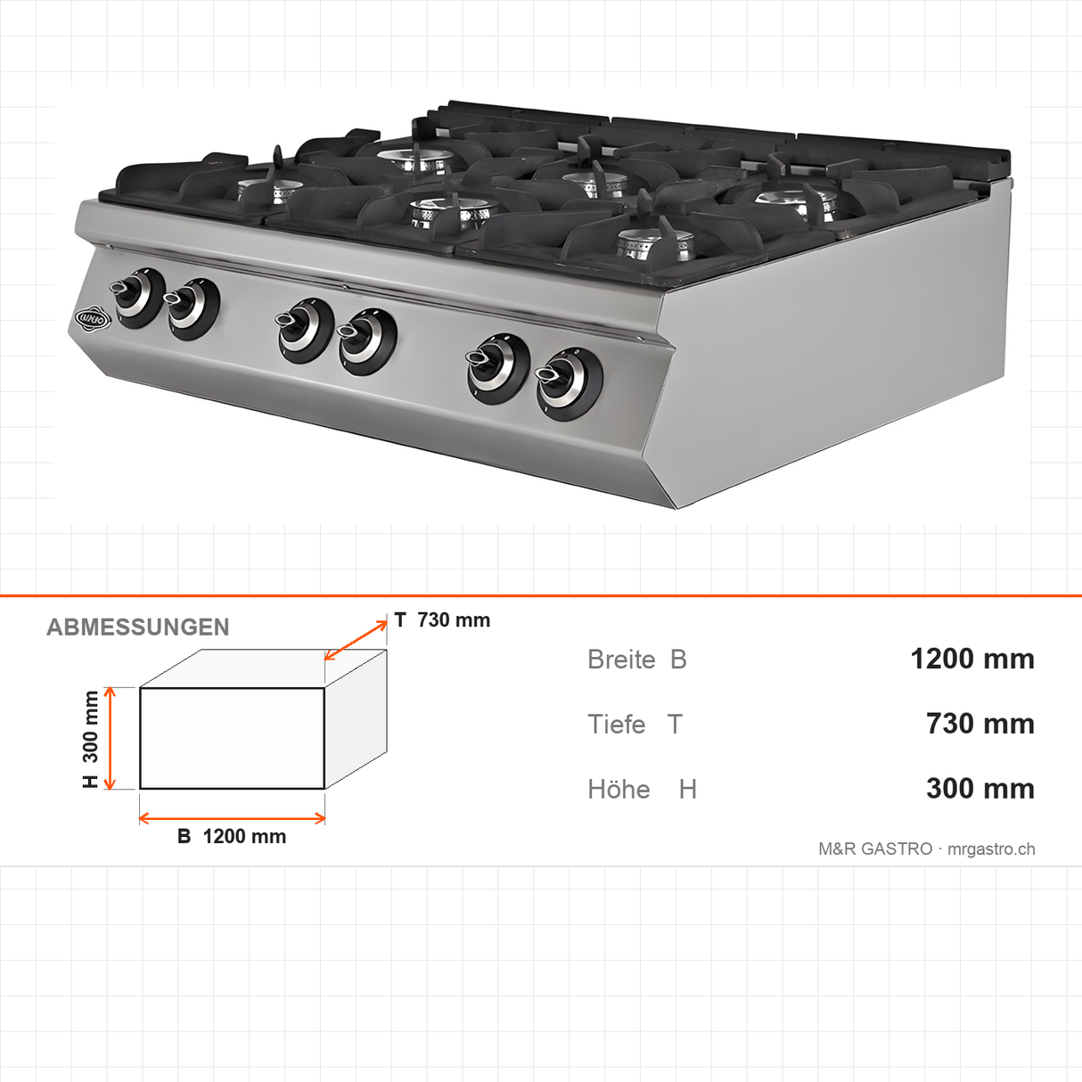Gasherd 6 Brenner, 43 kW, Tischgerät, 1200×730×300 mm, Serie 700 – Abmessungen