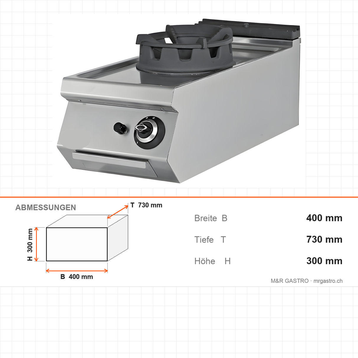 Gas-Wok 1 Brenner, 18 kW, Piezozündung, 400×730×300 mm, Serie 700 – Abmessungen