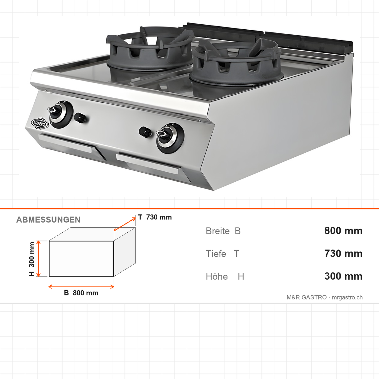 Gas-Wok 2 Brenner, 36 kW, Piezozündung, 800×730×300 mm, Serie 700 – Abmessungen