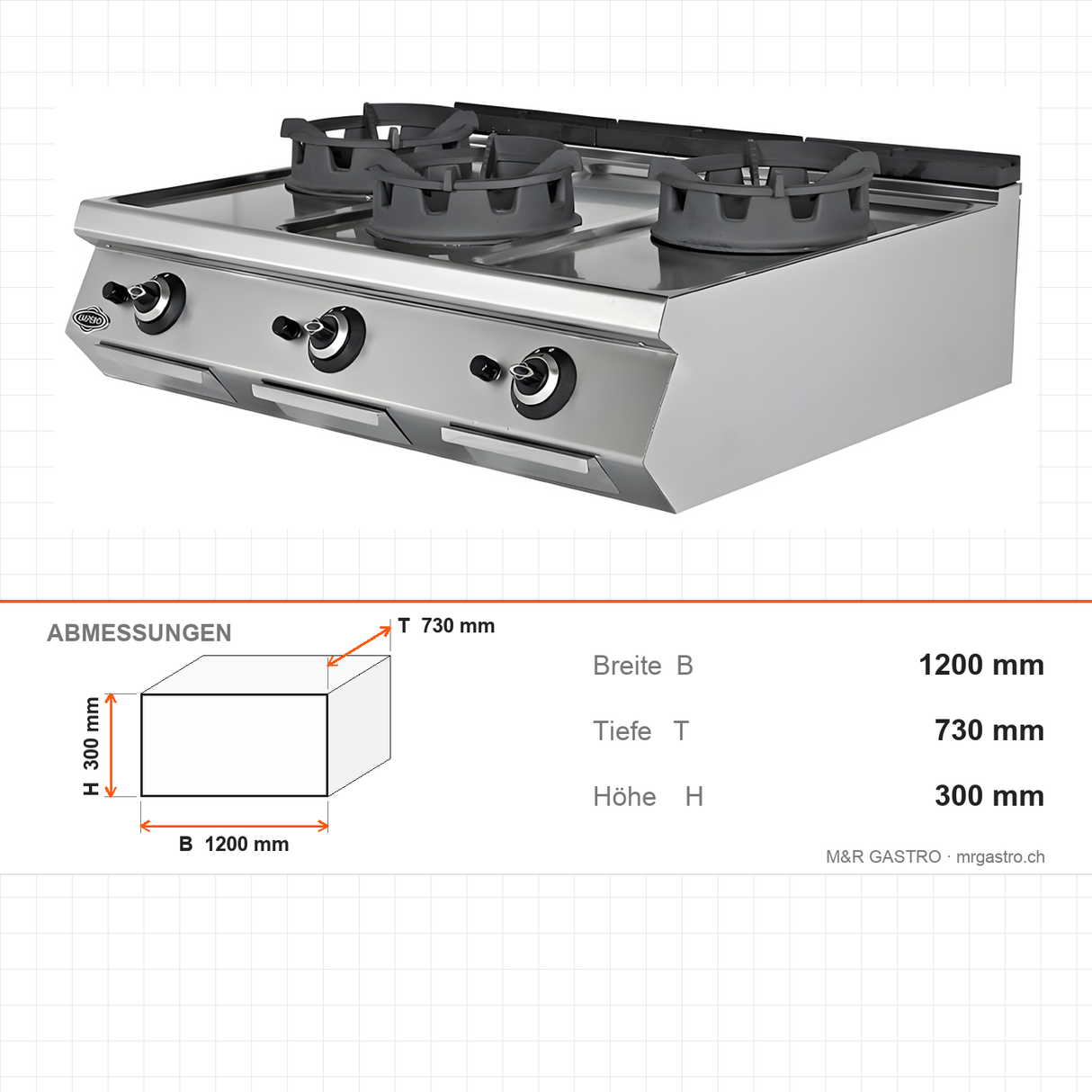 Gas-Wok 3 Brenner, 54 kW, Piezozündung, 1200×730×300 mm, Serie 700 – Abmessungen