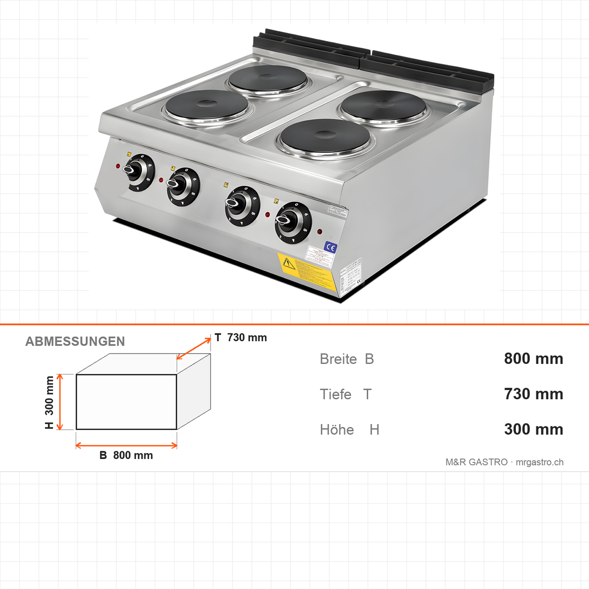 Elektroherd 4 Kochplatten, 8 kW, 400V, 800×730×300 mm, Serie 700 – Abmessungen