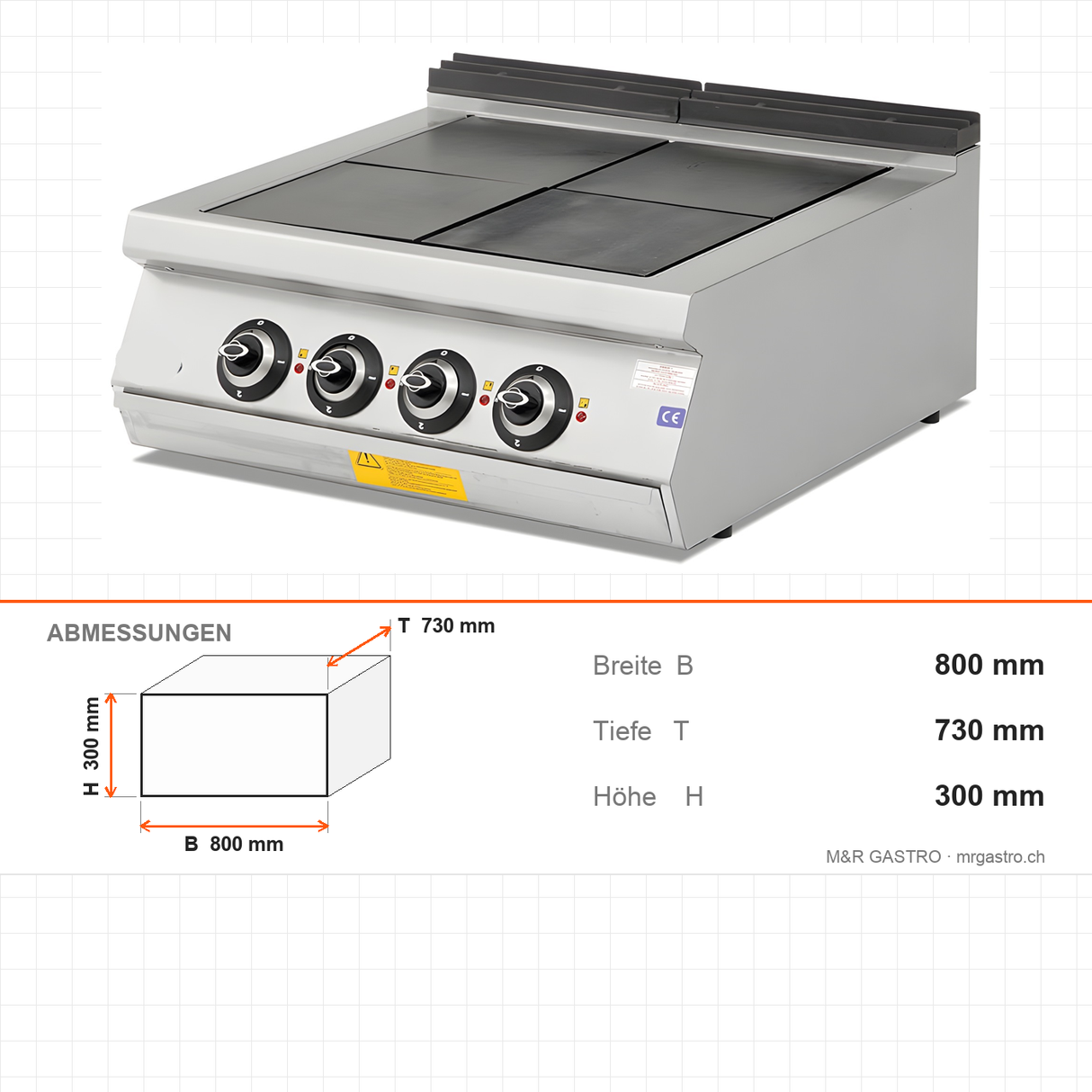 Elektroherd 4 Starkkochplatten russische Art, 11,2 kW, 400V, 800×730×300 mm, Serie 700 – Abmessungen