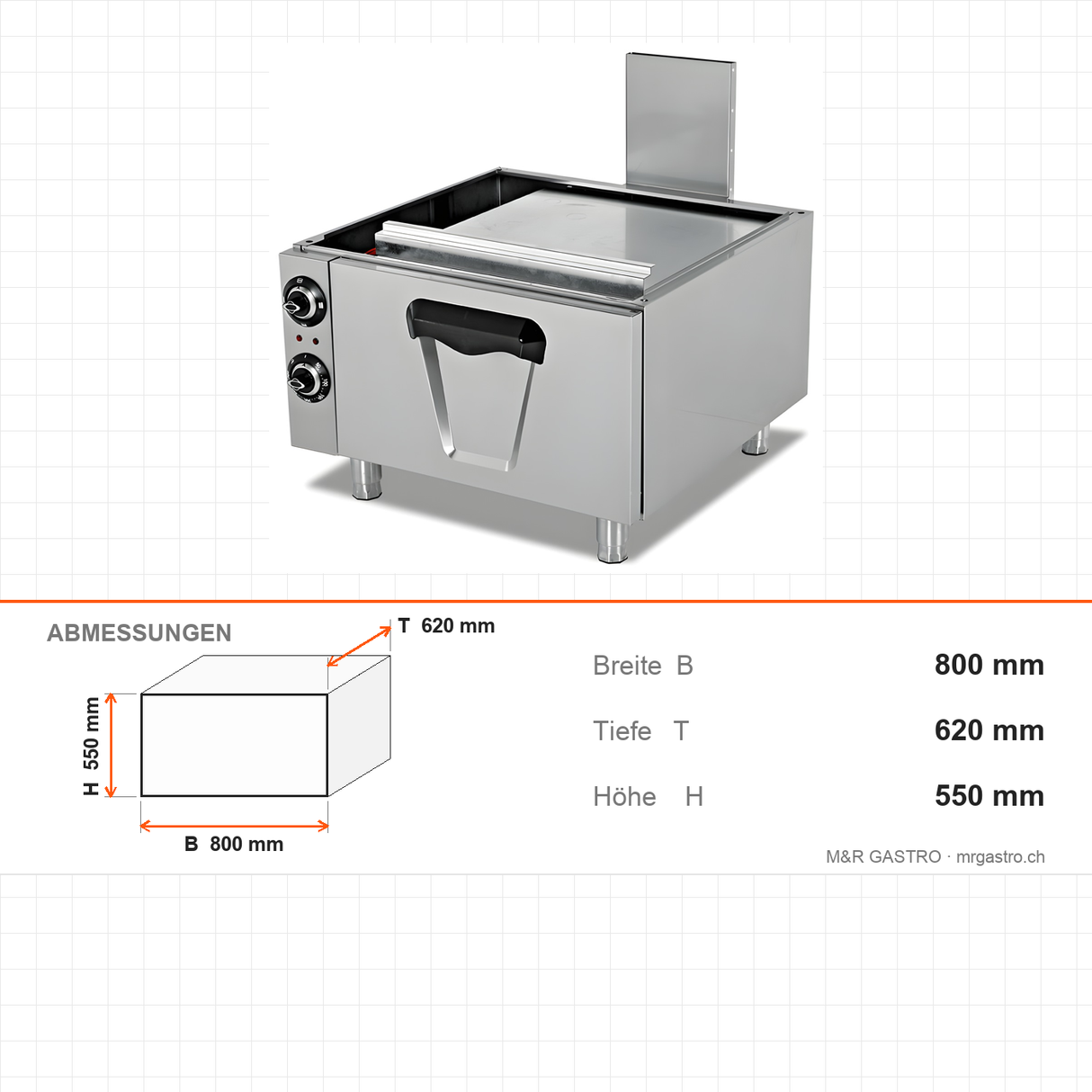 Elektrobackofen unterbaufähig, 9 kW, 2x GN 2/1, 400V, 800×620×550 mm, Serie 700 – Abmessungen