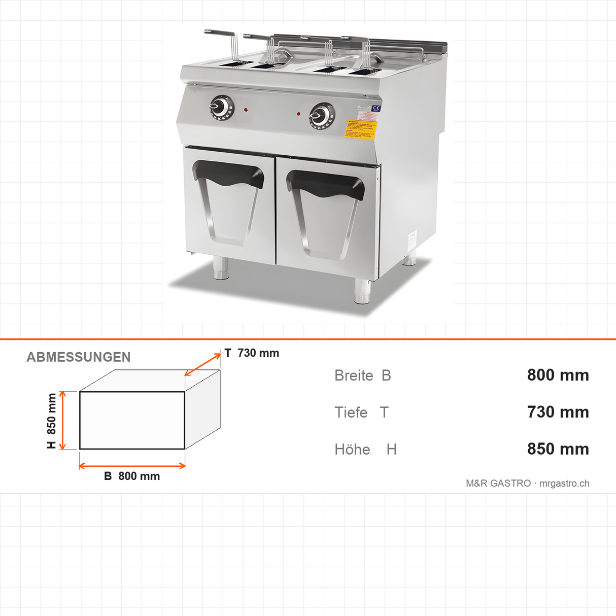 Elektro-Fritteuse 2x 14 Liter mit Unterschrank, 21 kW, 400V, 800×730×850 mm, Serie 700 – Abmessungen