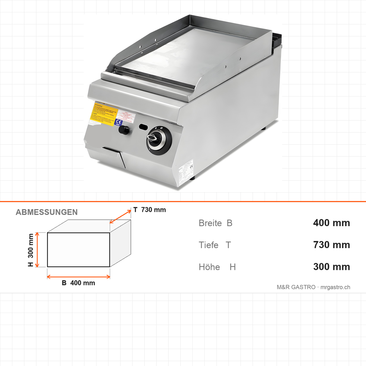 Gas-Grillplatte gerillt verchromt, 8,67 kW, 2 Heizzonen, 400×730×300 mm, Serie 700 – Abmessungen