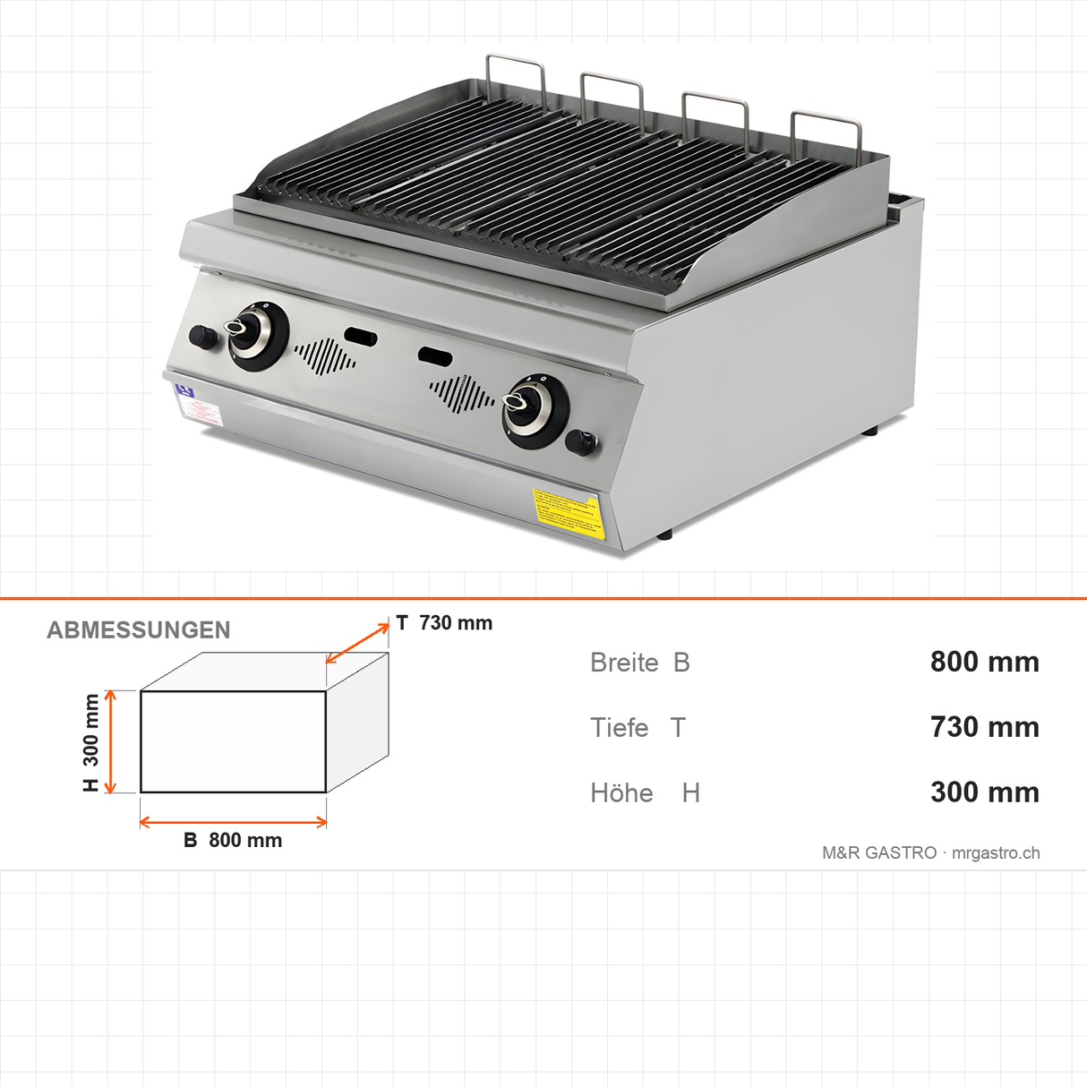 Gas-Dampfgrill, 11,6 kW, 2 Heizzonen, Gusseisenplatte, 800×730×300 mm, Serie 700 – Abmessungen