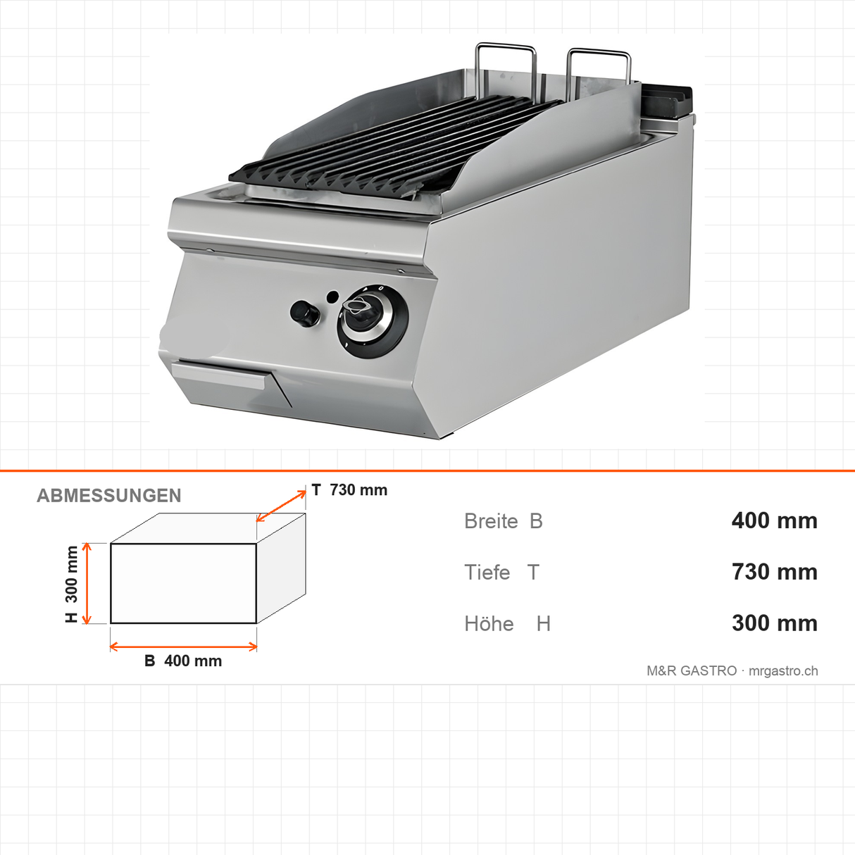 Gas-Lavasteingrill, 8,67 kW, 2 Heizzonen, Piezozündung, 400×730×300 mm, Serie 700 – Abmessungen