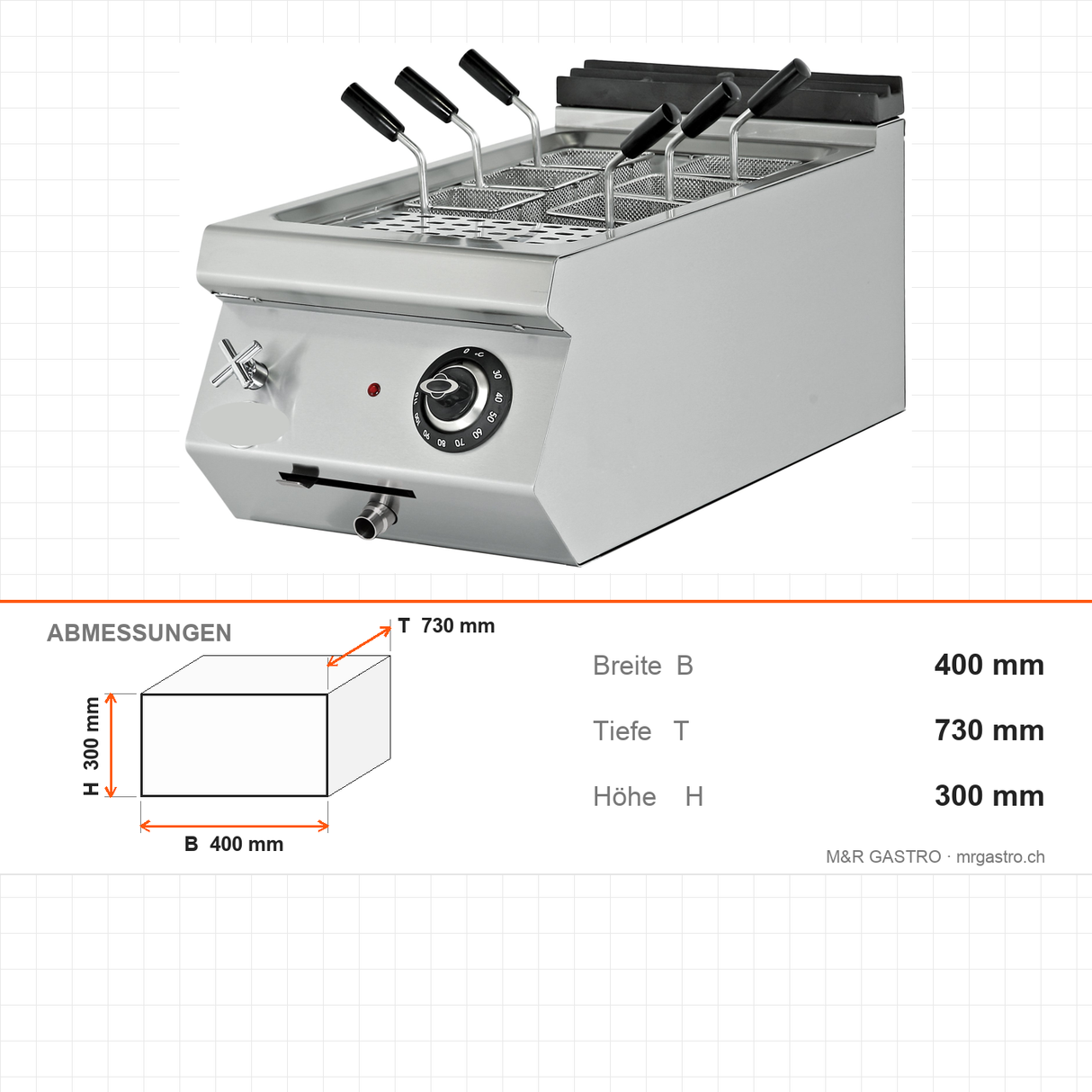Elektro-Nudelkocher, 10,5 Liter, 10,5 kW, 400V, 400×730×300 mm, Serie 700 – Abmessungen