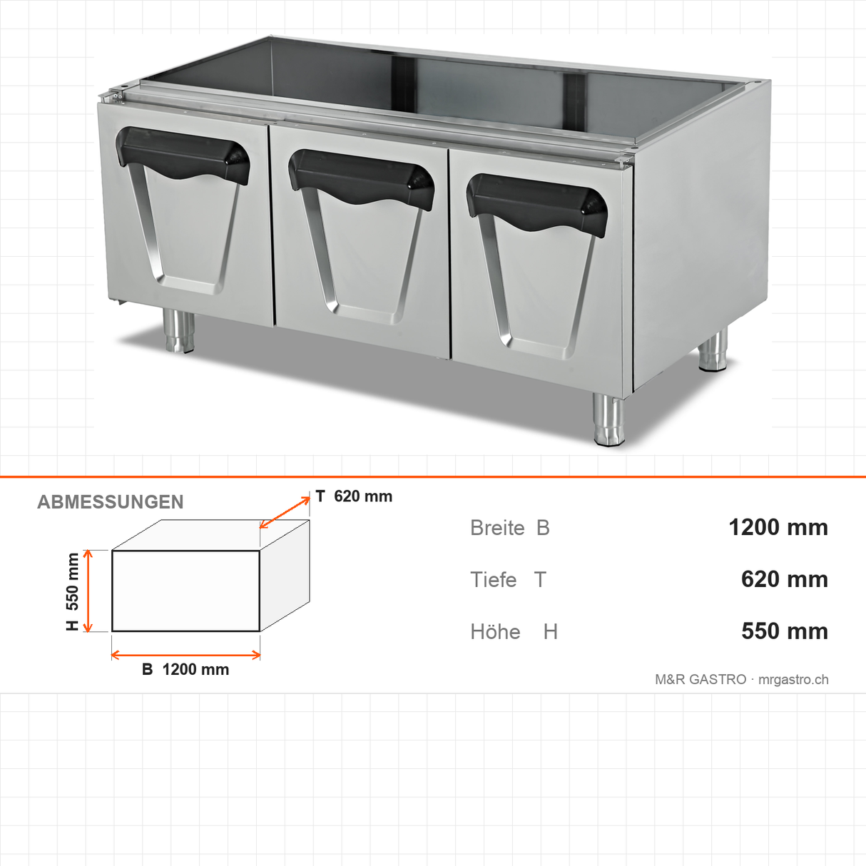 Unterbauschrank 3 Türen, Edelstahl, 1200×620×550 mm, Serie 700 – Abmessungen