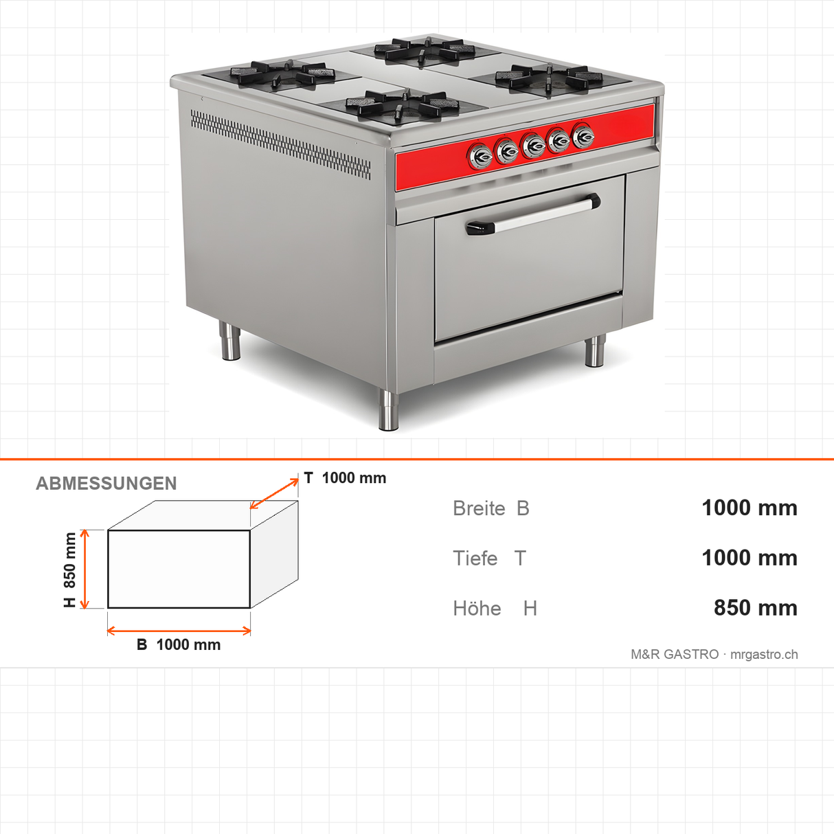 Gasherd mit Backofen, 4 Brenner, 40 kW, 2x GN 2/1 Backraum, Edelstahl, 1000×1000×850 mm, Serie 900 – Abmessungen