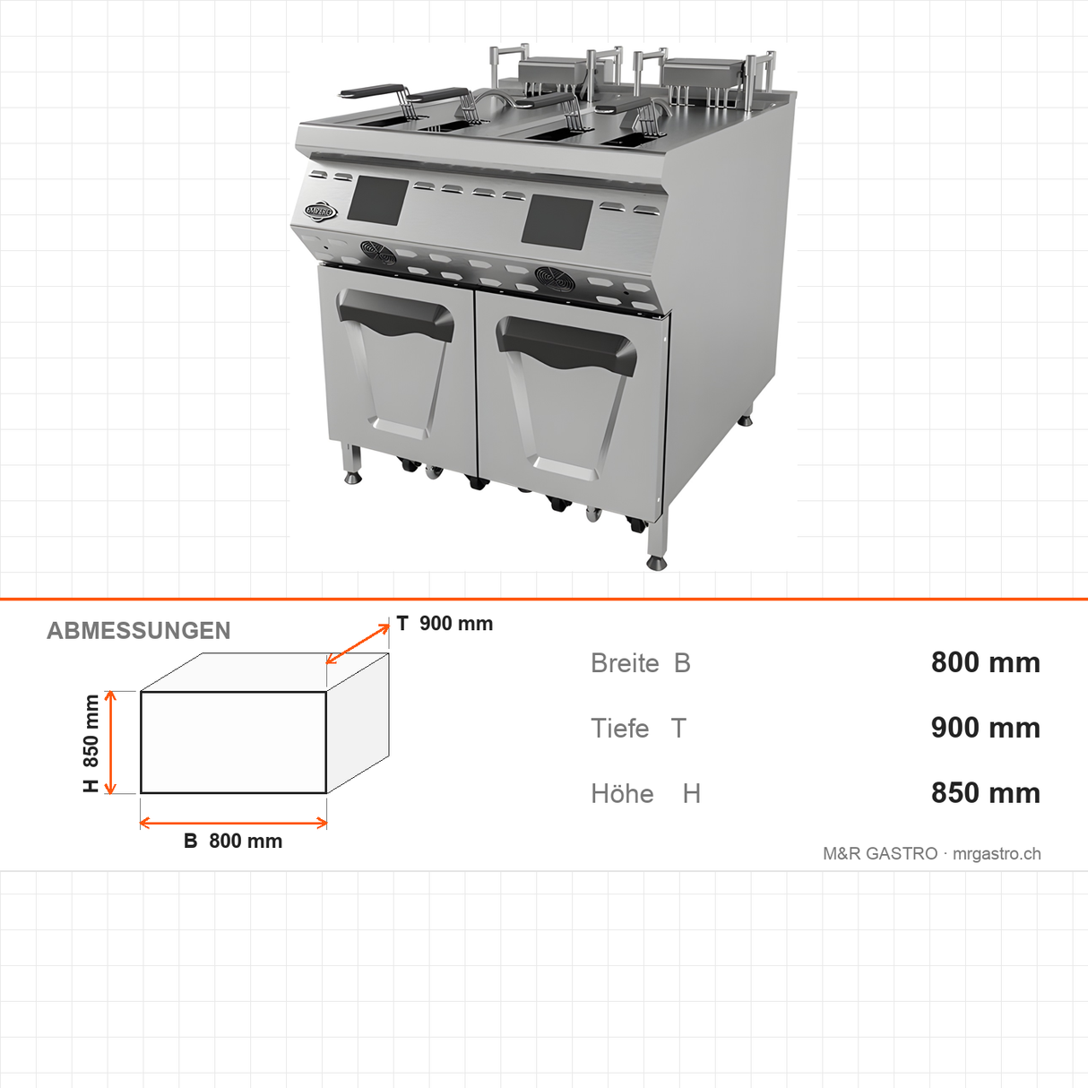 Elektro-Fritteuse, 2x 25 Liter, 42 kW, Ölfiltersystem, Digitaldisplay, Edelstahl, 800×900×850 mm, Serie 900 – Abmessungen