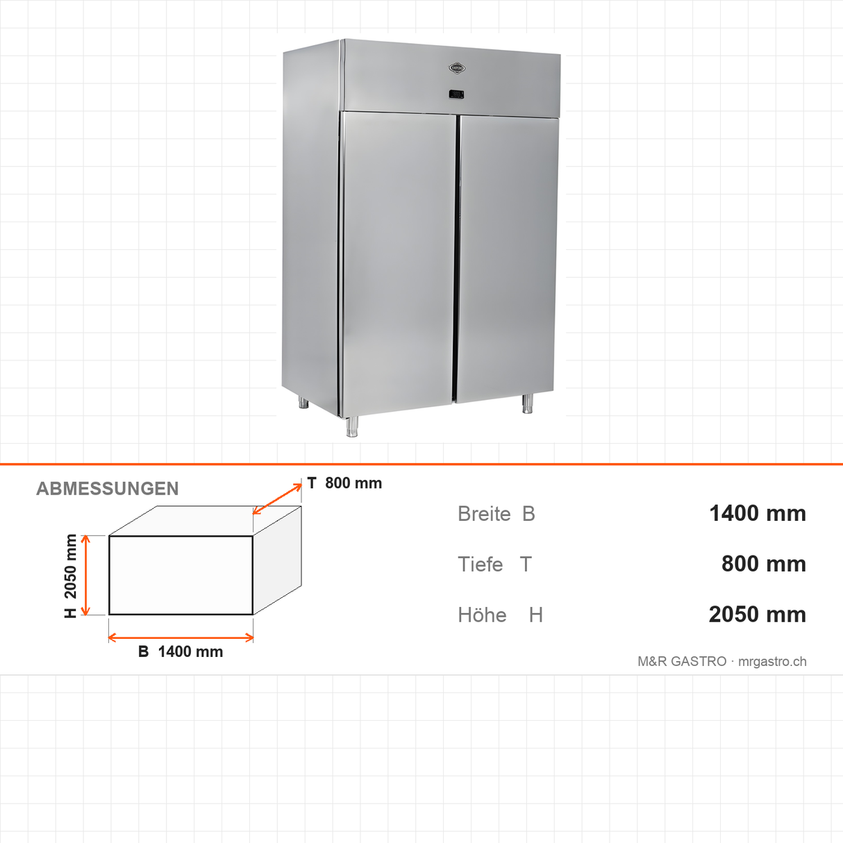 Gastrokühlschrank, 2 Türen, 1400 L, 1400×800×2050 mm – Abmessungen