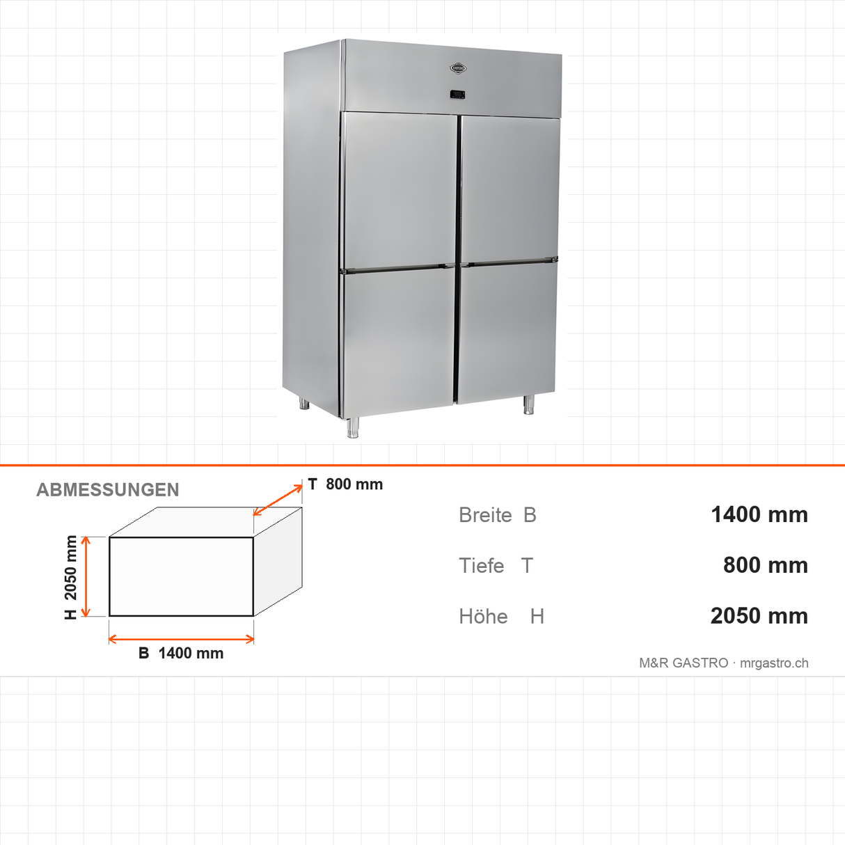 Tiefkühlschrank, 4 Türen, 1400 L, 1400×800×2050 mm – Abmessungen