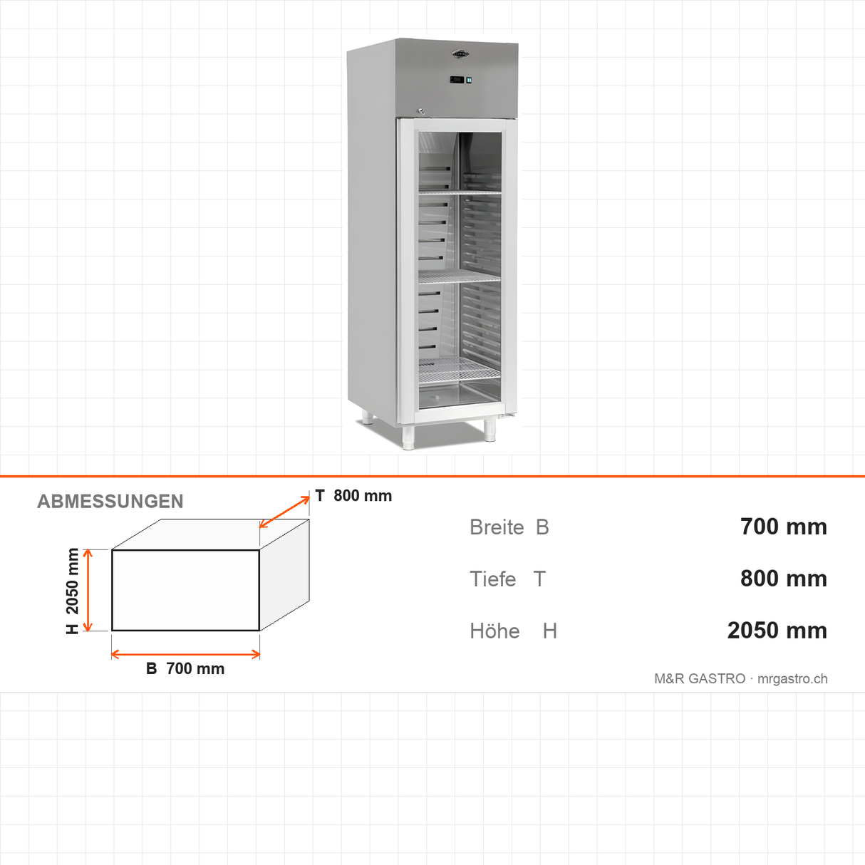 Gastrokühlschrank mit Glastür, 700 l, Umluftkühlung, 700×800×2050 mm, Edelstahl, Serie 700 – Abmessungen