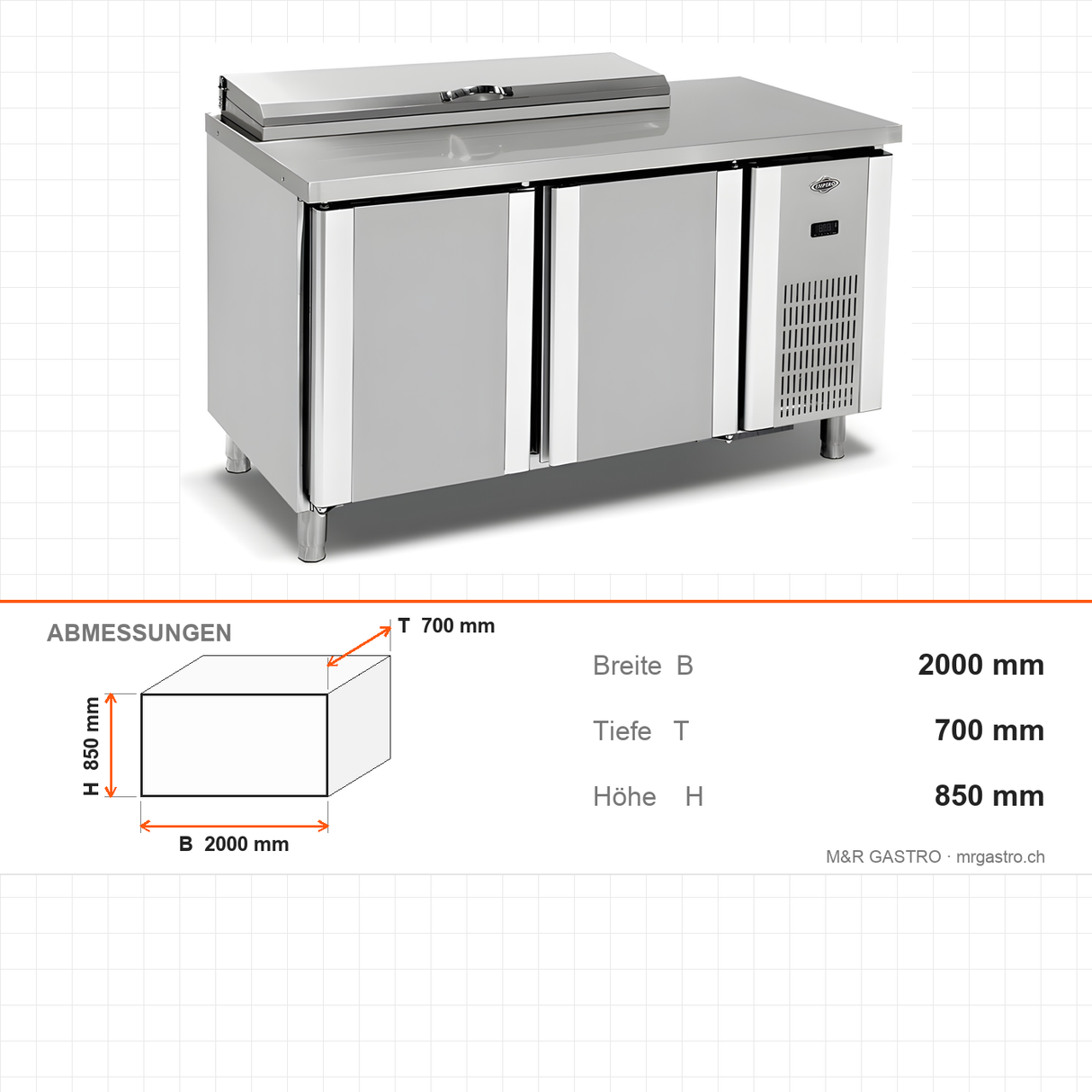 Pizzakühltisch, 3 Türen, 500 L, 2000×700×850 mm – Abmessungen