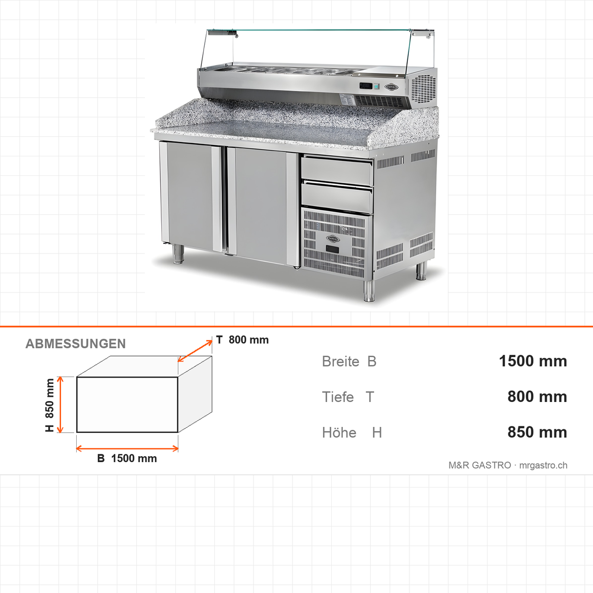 Pizzakühltisch Granit, 2 Türen, 300 L, 1500×800×850 mm – Abmessungen