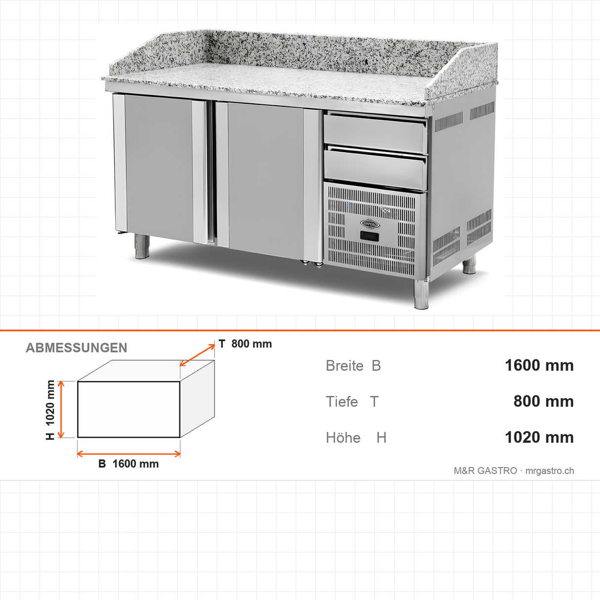 Pizzakühltisch Granit, 2 Türen, 300 L, 1600×800×1020 mm – Abmessungen