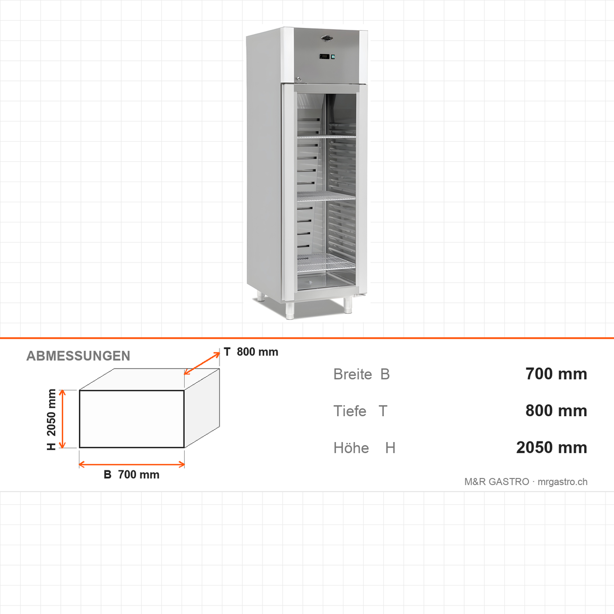 Gastrokühlschrank mit Glastür, 700 l, Umluftkühlung, 700×800×2050 mm, Edelstahl, Serie 700 – Abmessungen