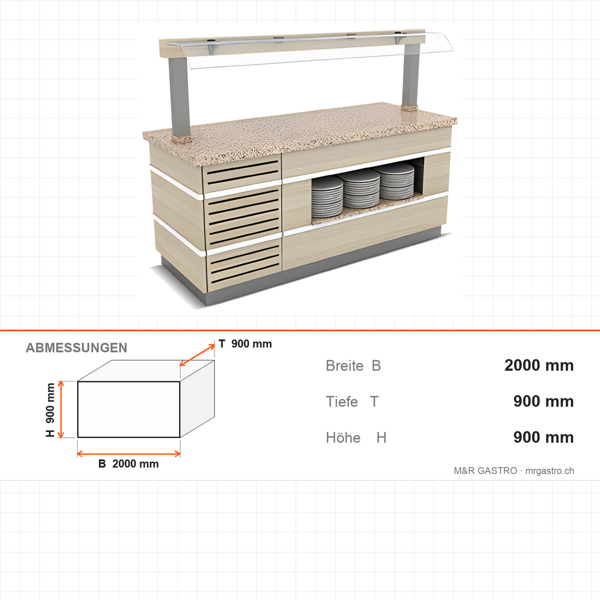 Buffettheke neutral, Granitplatte, Spuckschutz, LED-Beleuchtung, Holzdekor, 2000×900×900 mm – Abmessungen