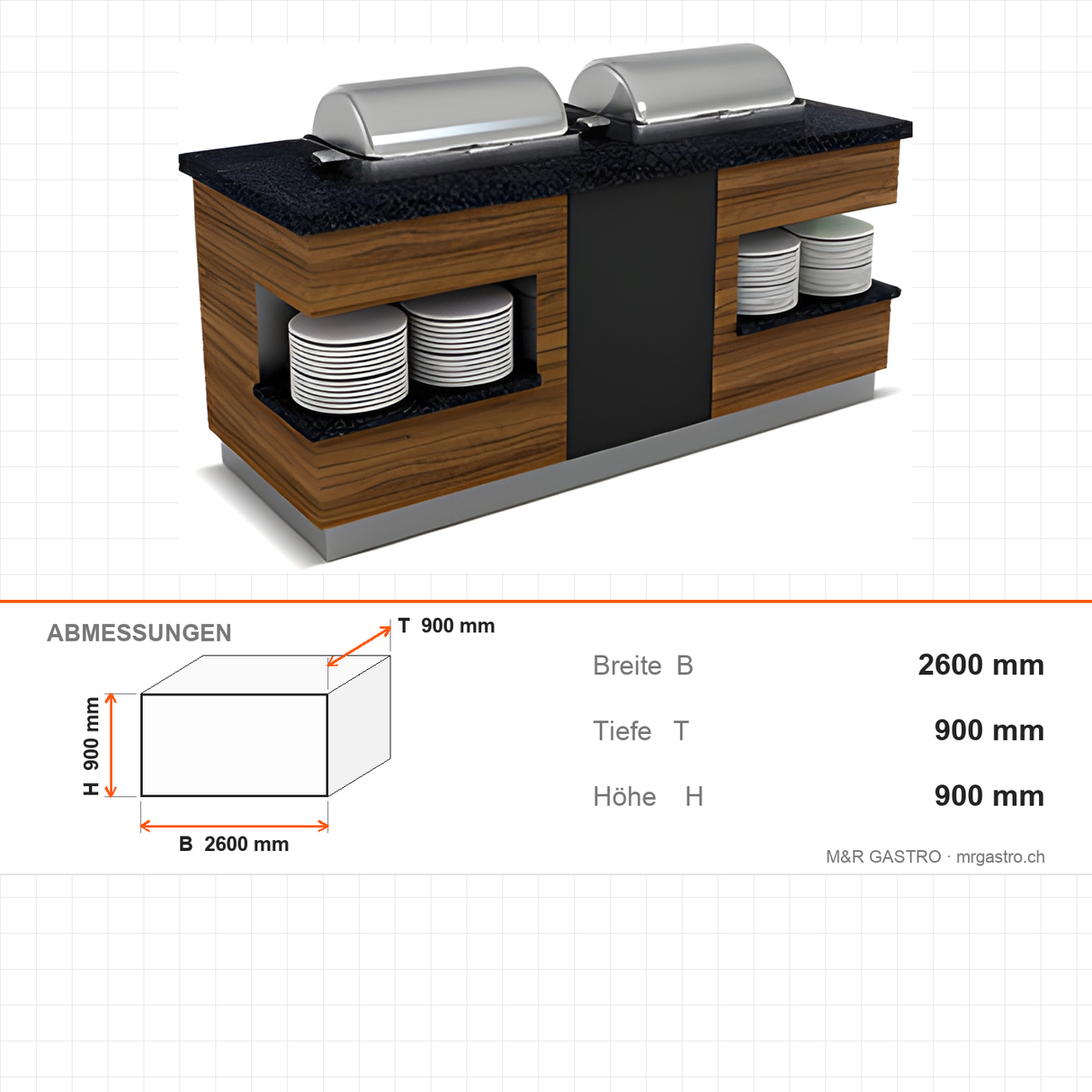 Buffettheke warm, 3x GN 1/1, Granittisch, Plattenablage, Design Sumela, 2600×900×900 mm – Abmessungen