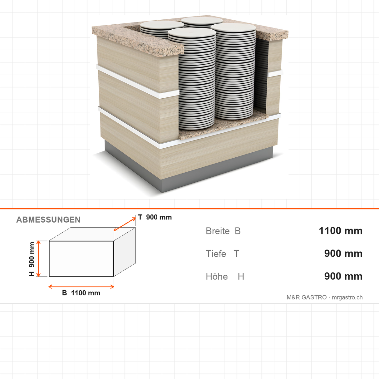 Buffettheke neutral, 1100×900×900 mm, Granit, Holzdekor, mit Plattenablage, Edelstahl, Design Galata – Abmessungen