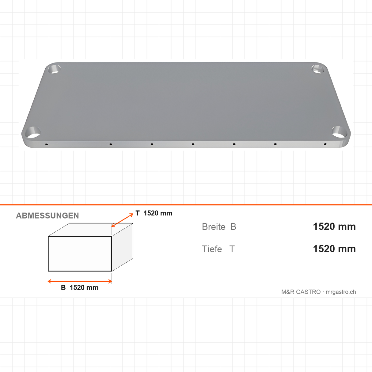 Regalboden glatt, 460×1520 mm, Tragkraft 250 kg, Edelstahl – Abmessungen