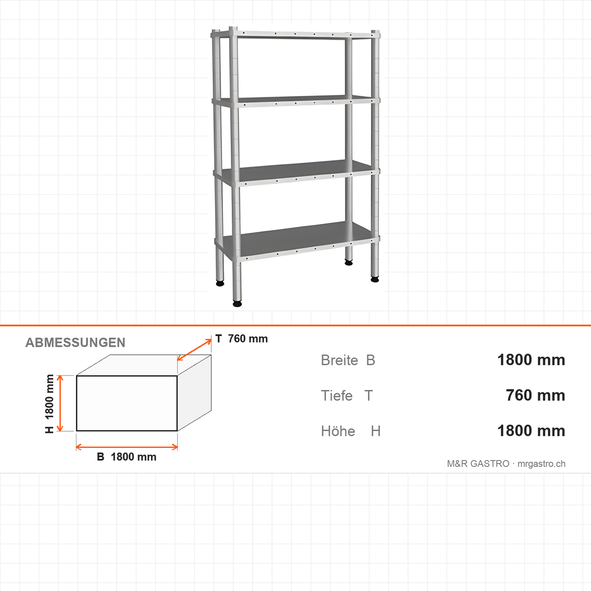 Edelstahlregal, 4 Ablagen, Vollböden, 460×760×1800 mm, Edelstahl 304, 250 kg/Ablage – Abmessungen