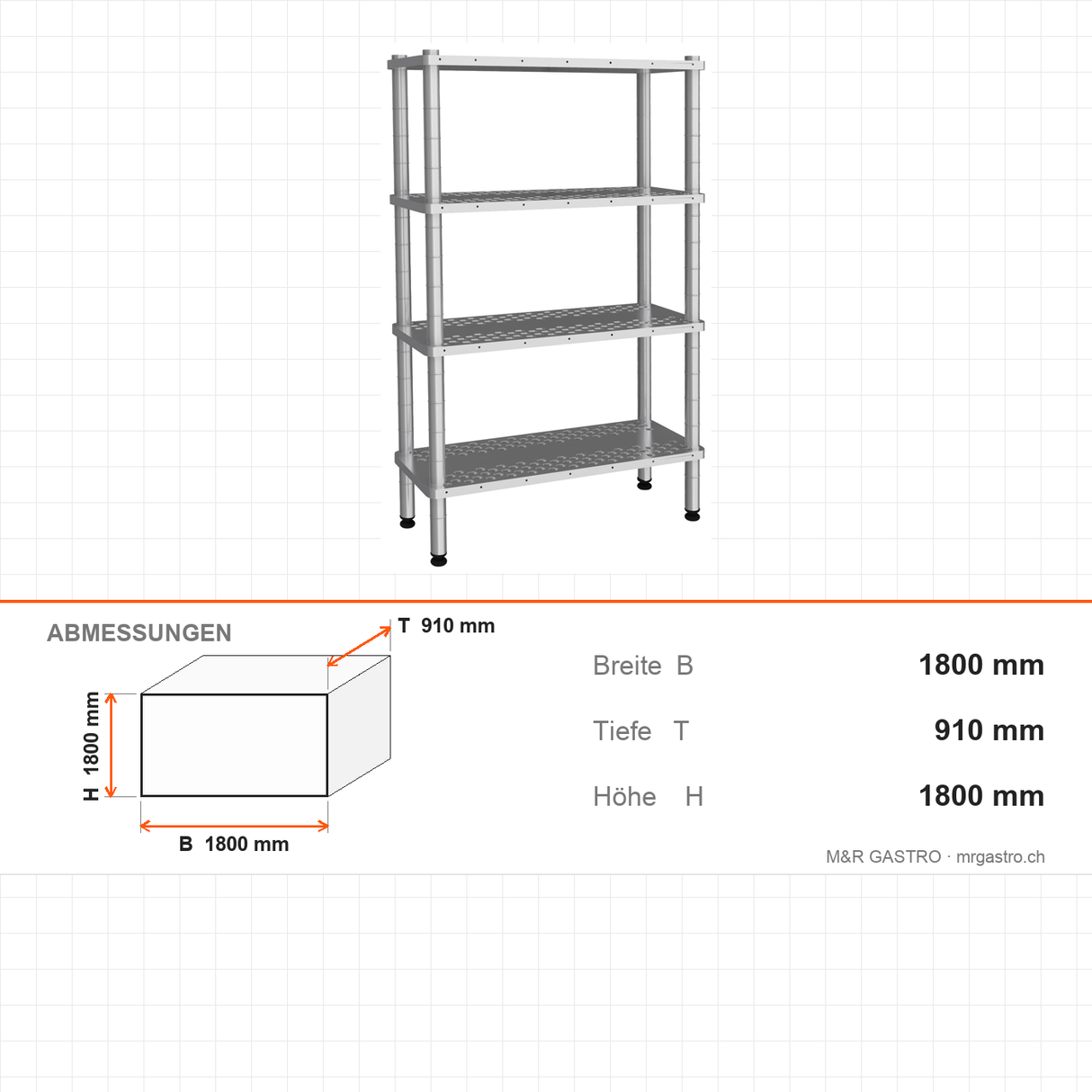 Edelstahlregal AISI 304, 460×910×1800 mm, 4 Ablagen, Lochböden, 250 kg pro Boden – Abmessungen