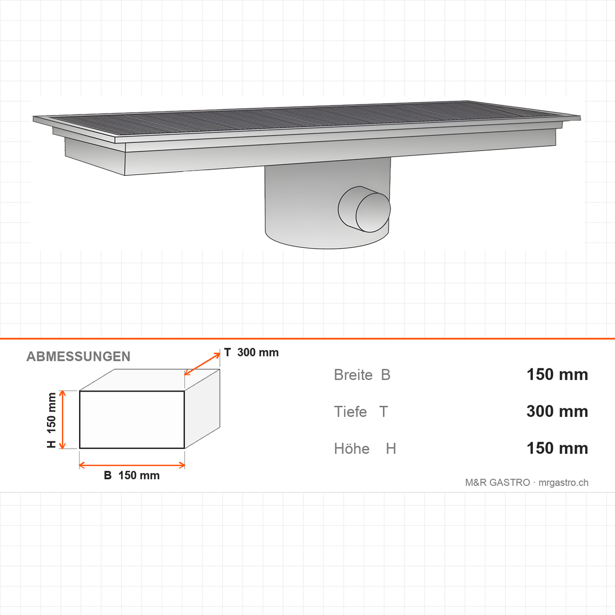 Ablaufboden seitlich, Ø 74 mm, 300×300×150 mm, für Neutralregale, Edelstahl – Abmessungen